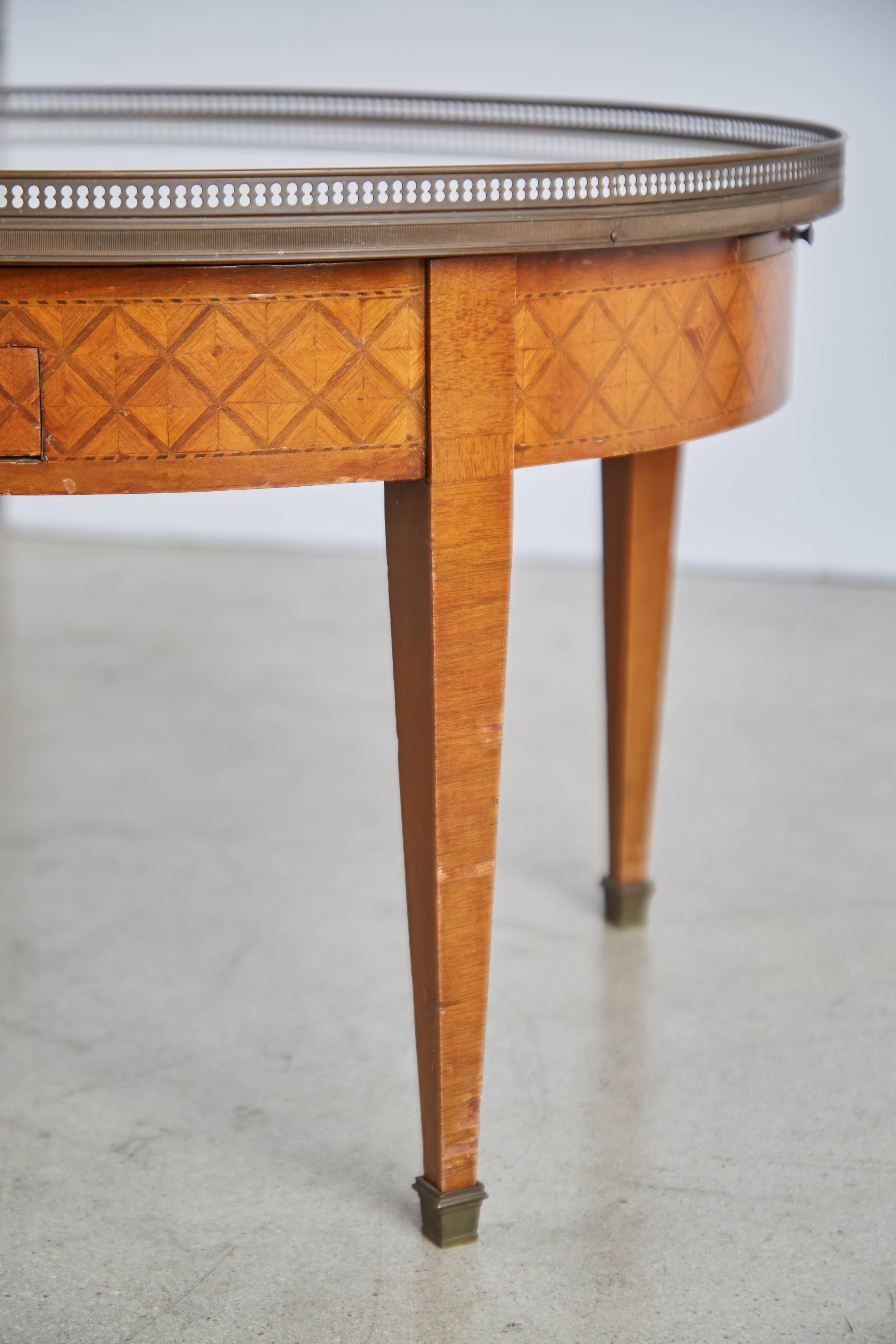 Embossed French Parquet Bouillotte Table with Marble Top, circa 1940
