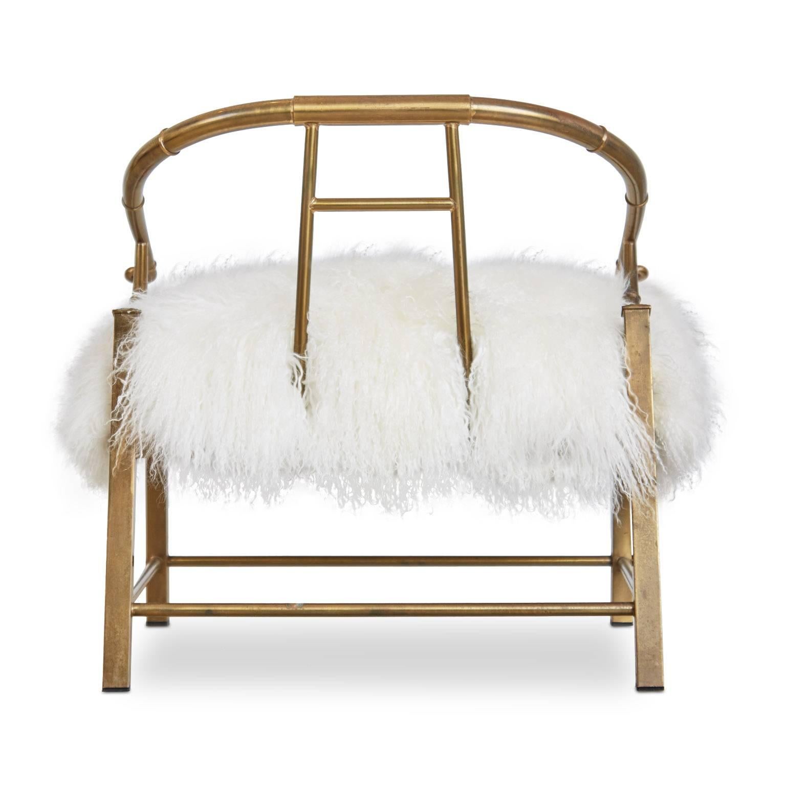Mastercraft Brass Armchair Reupholstered in Mongolian Sheepskin, circa 1970 In Excellent Condition In Los Angeles, CA