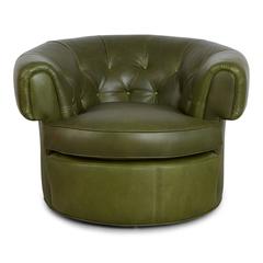 Pair of 1950s Tufted Barrel Chairs in Forest Green Leather, Restored