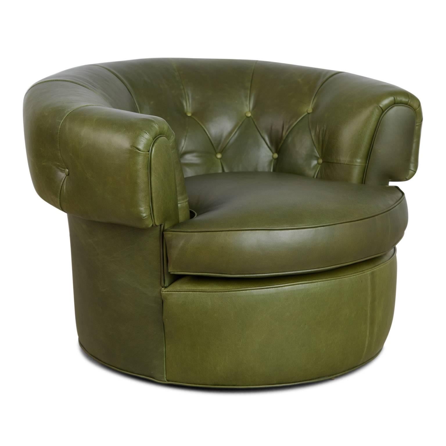 green leather barrel chair