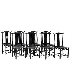 Set of Eight Italian Black Lacquered Dining Chairs, circa 1970