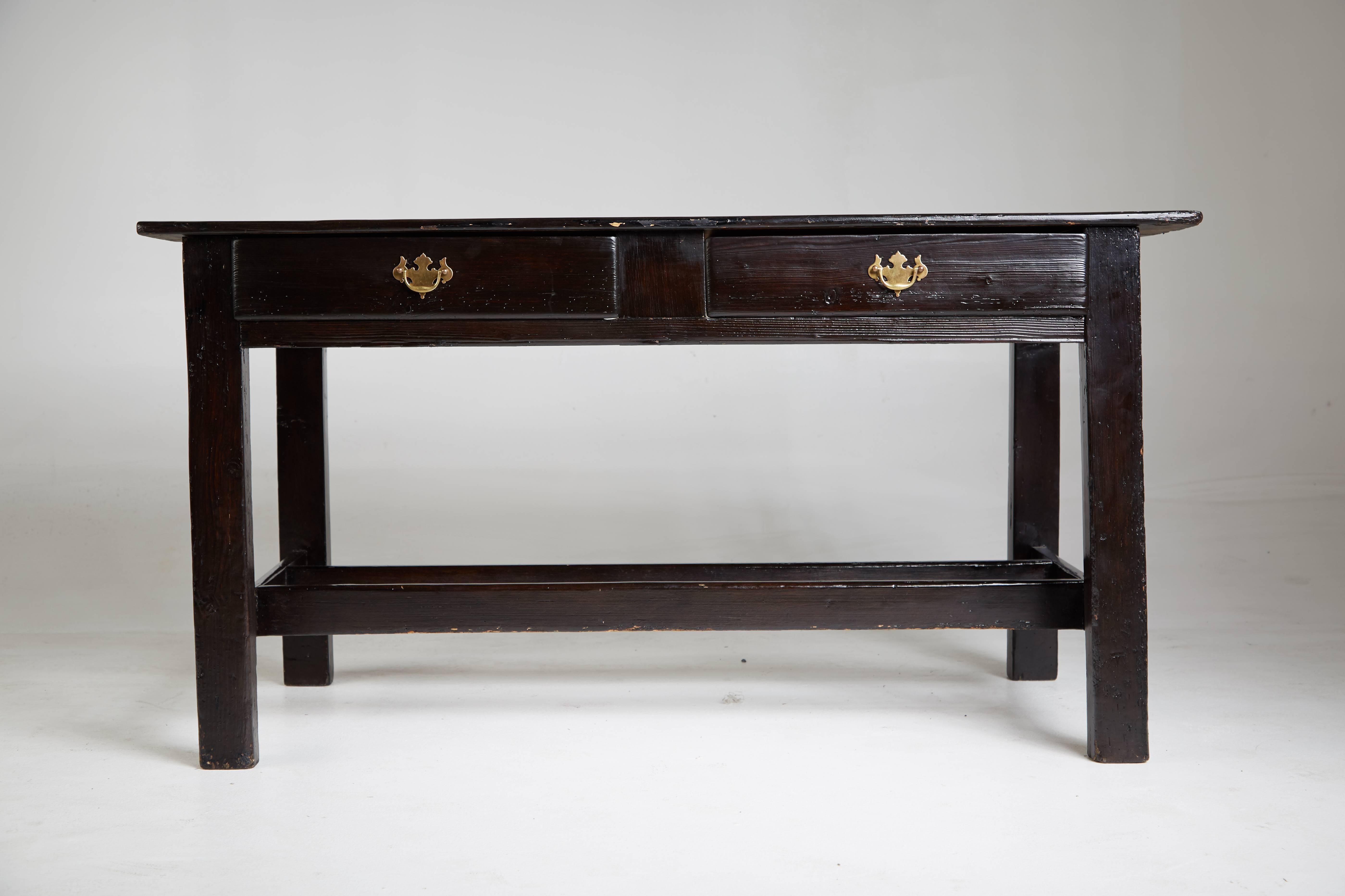 Chinoiserie Vintage Black Lacquered Wooden Desk with Brass Hardware