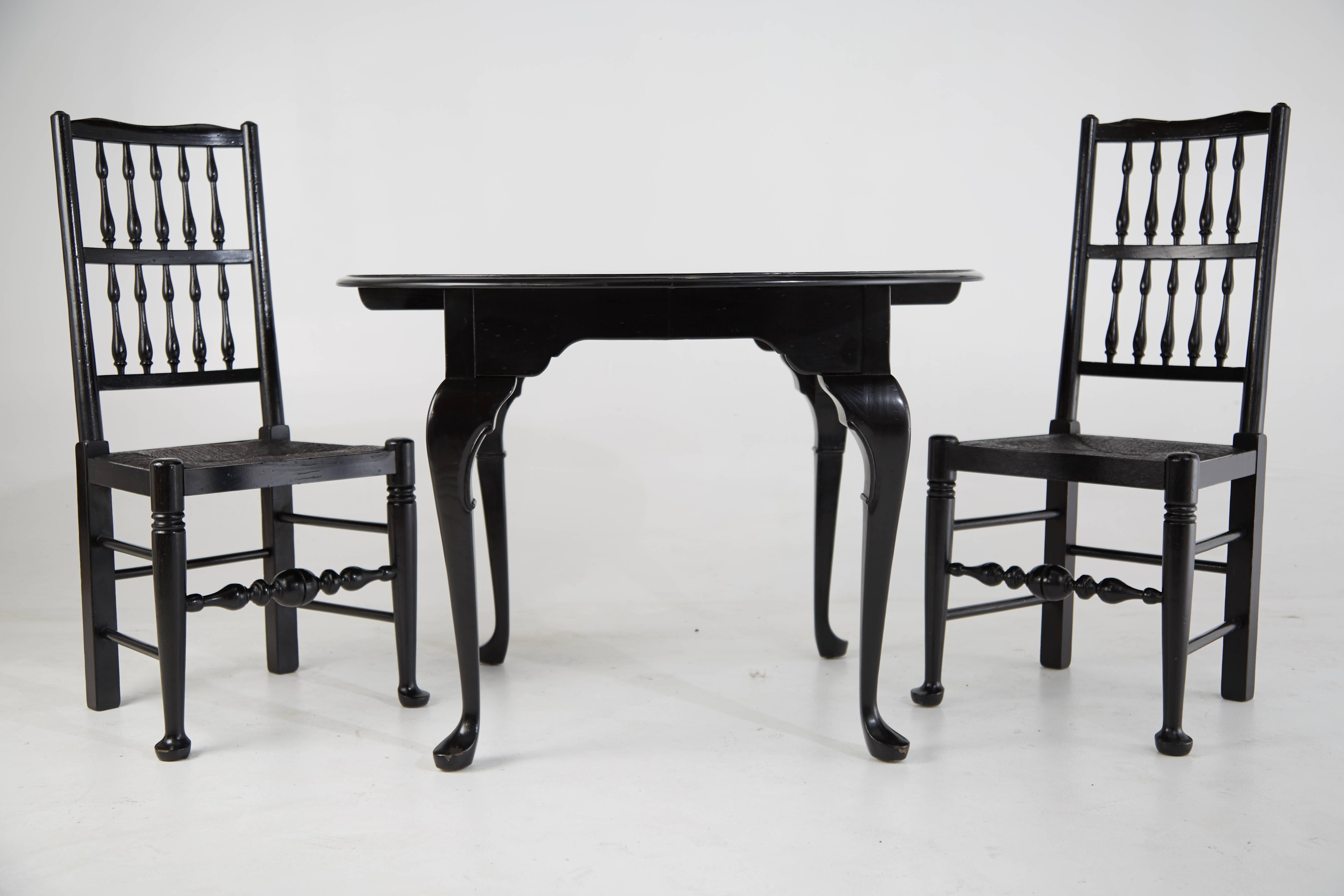 Early 20th Century Black Lacquer Colonial Revival & Queen Anne Style Chairs and Table