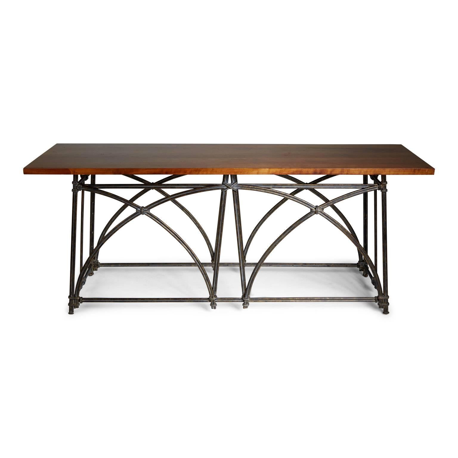 American Colonial Grand Scrolled Iron and Wood Console Table, circa 1970