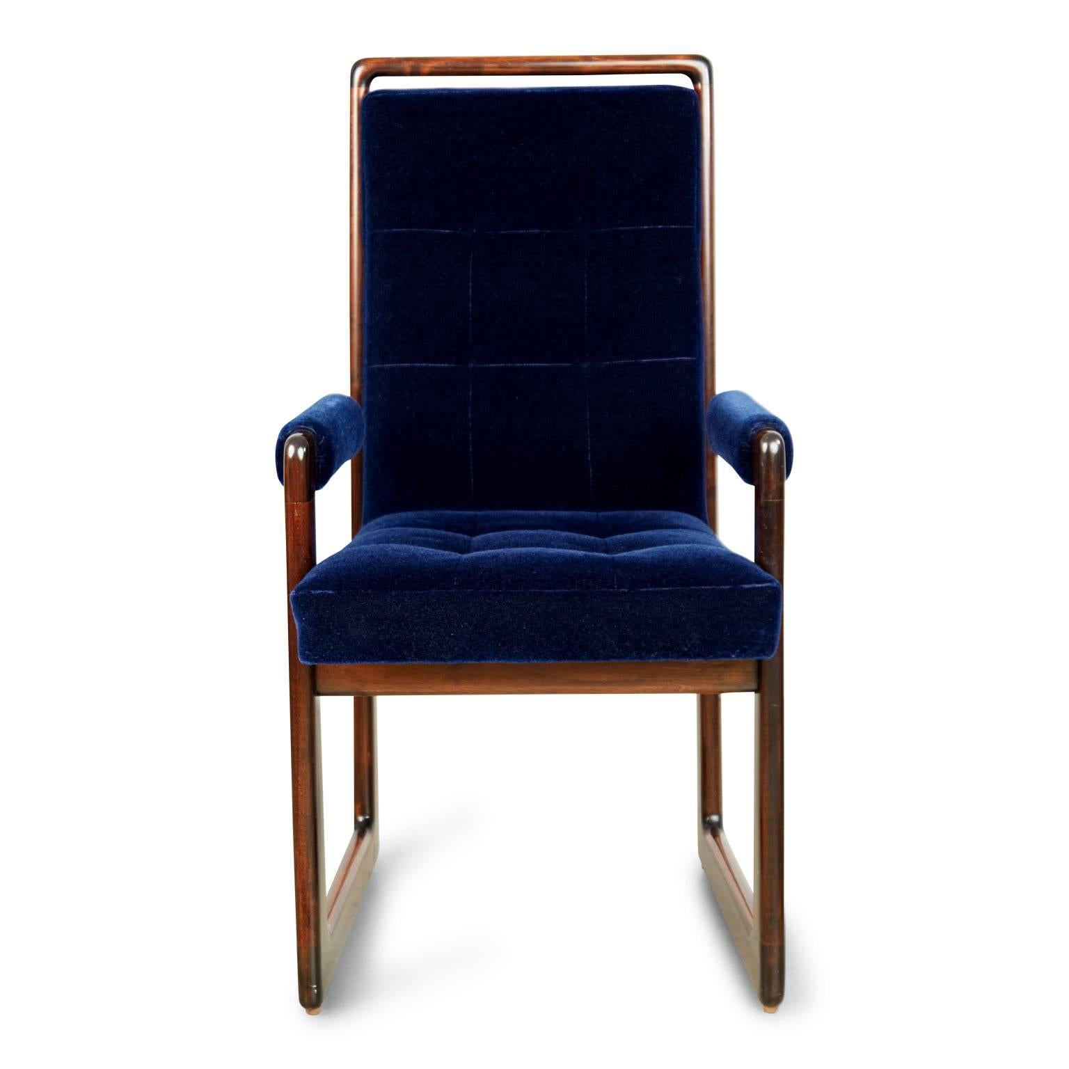 It doesn't get any better than this extremely rare and exceptionally stunning set of eight lacquered rosewood dining chairs by Vladimir Kagan which includes six side chairs and two armchairs. This set dates to the 1960s per the attached