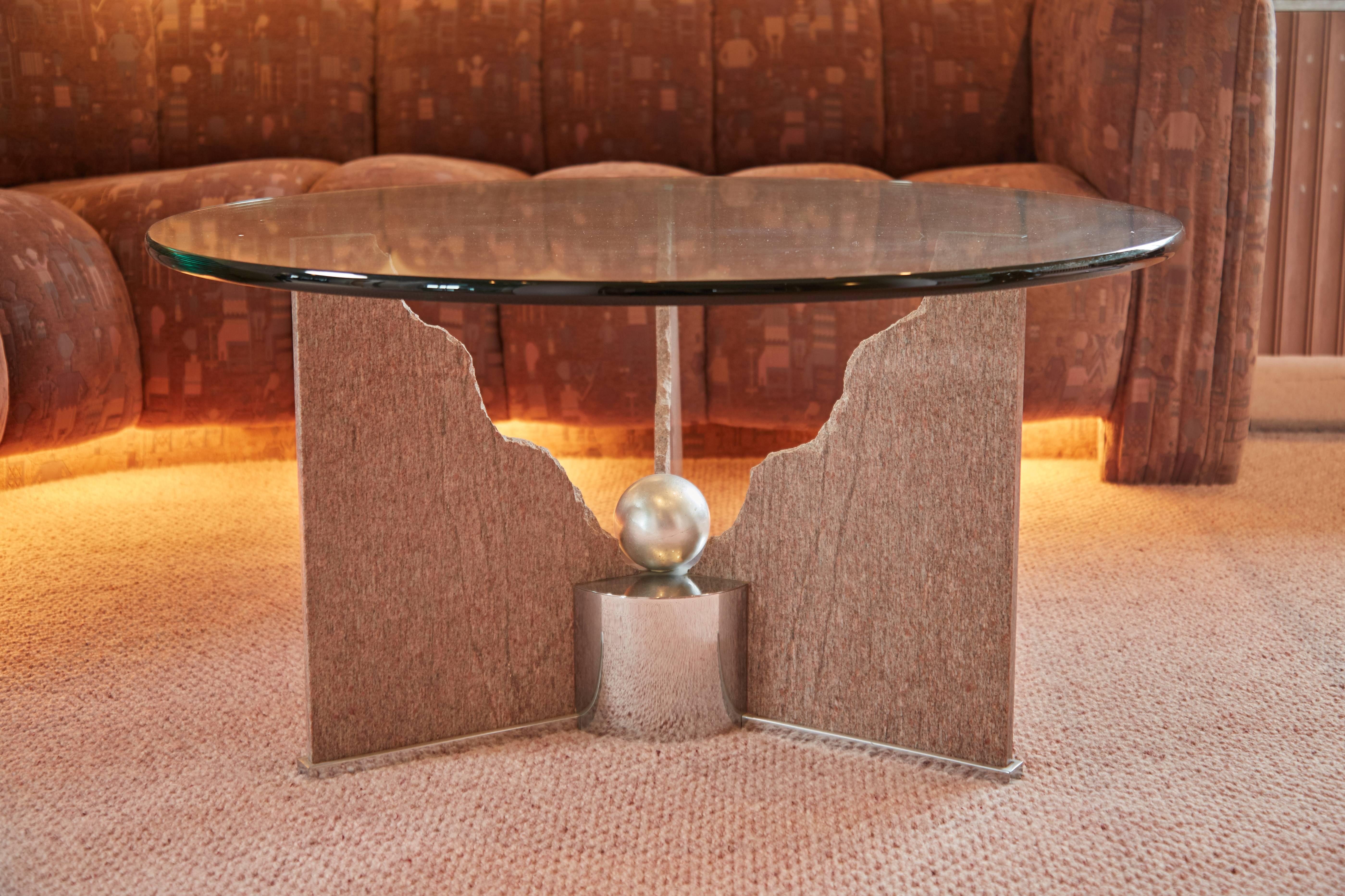 Invest in a piece of 1980s design history with this Memphis era Post-Modern coffee table by Steve Chase. 

This touch of Ettore Sottsass style custom designed cocktail (or tea) table, originally part of the exquisite pink office which as you can see