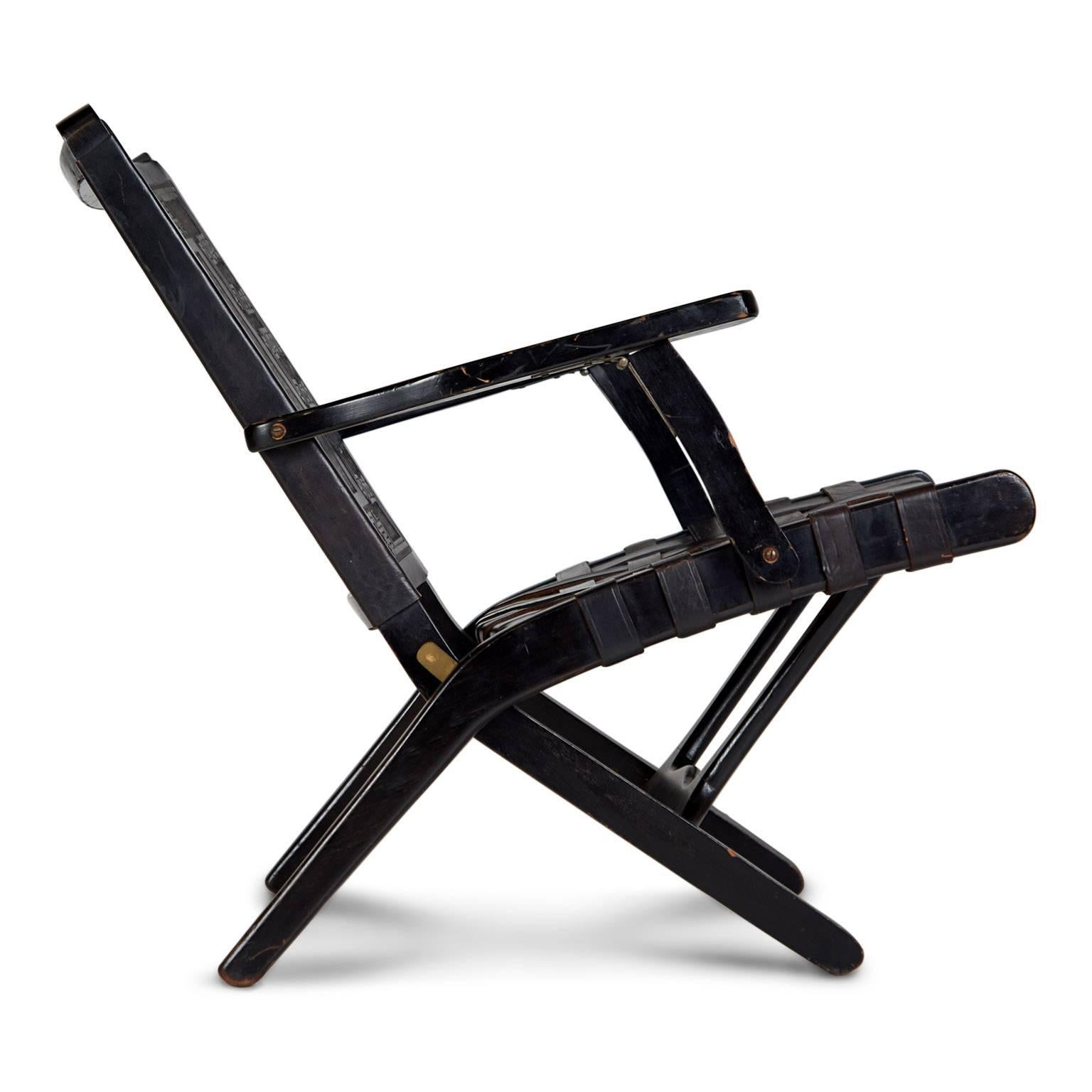 Lacquered Peruvian Black Tooled Leather Folding Chairs, Pair, circa 1950