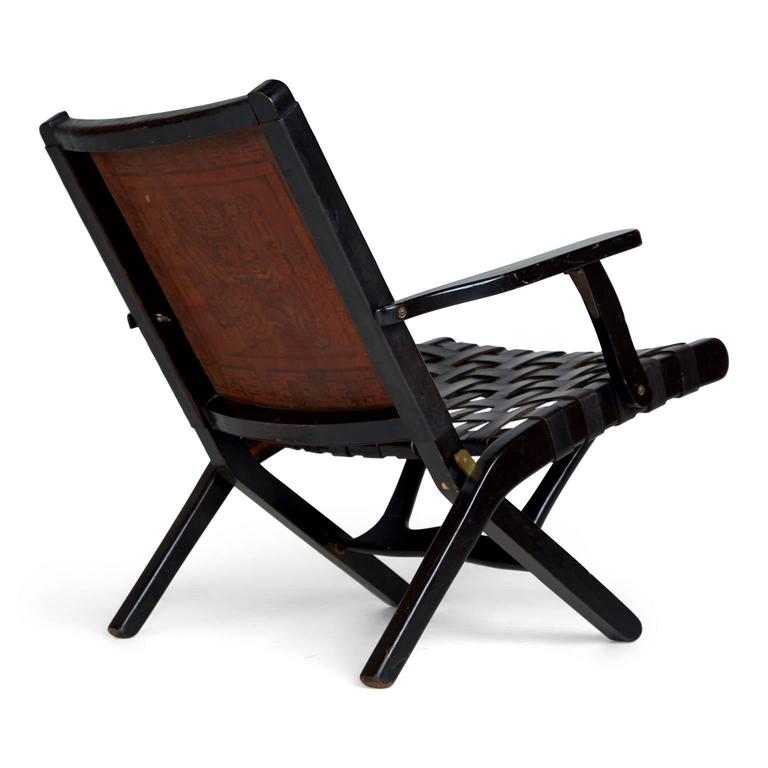 Peruvian Black Tooled Leather Folding Chairs, Pair, circa 1950 at