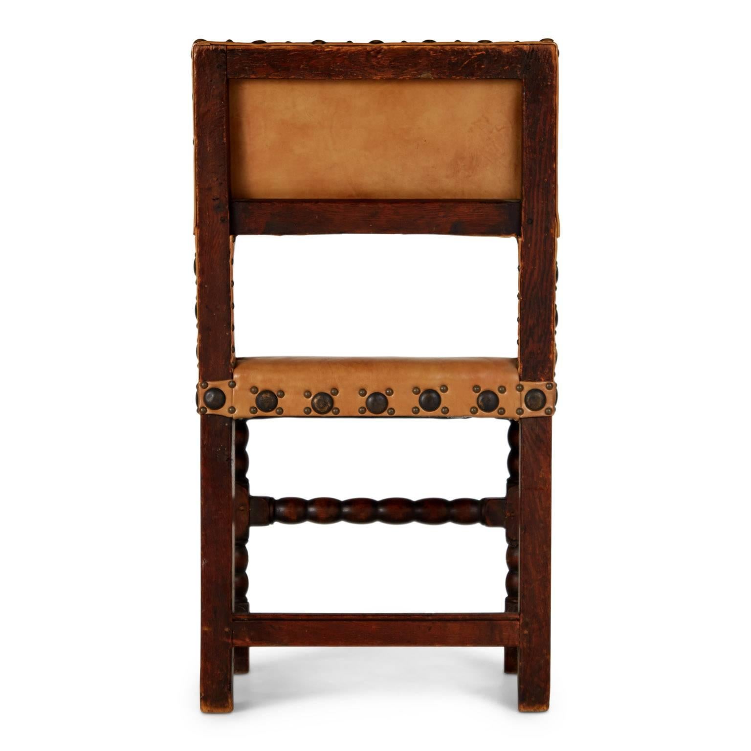 Jacobean English Cromwellian Tan Leather Oak Side Chairs, circa 1860