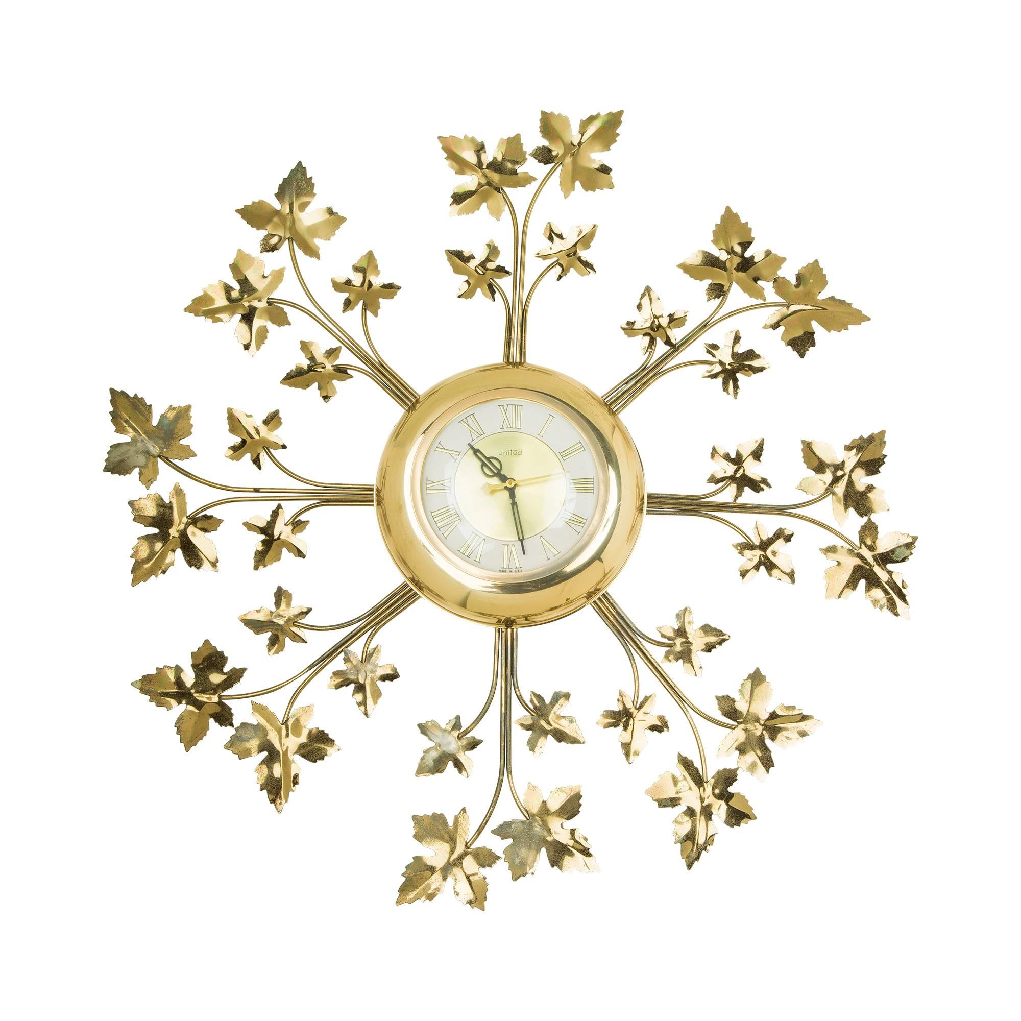 United Brass Ivy Leaf Detail Sunburst Clock, circa 1950