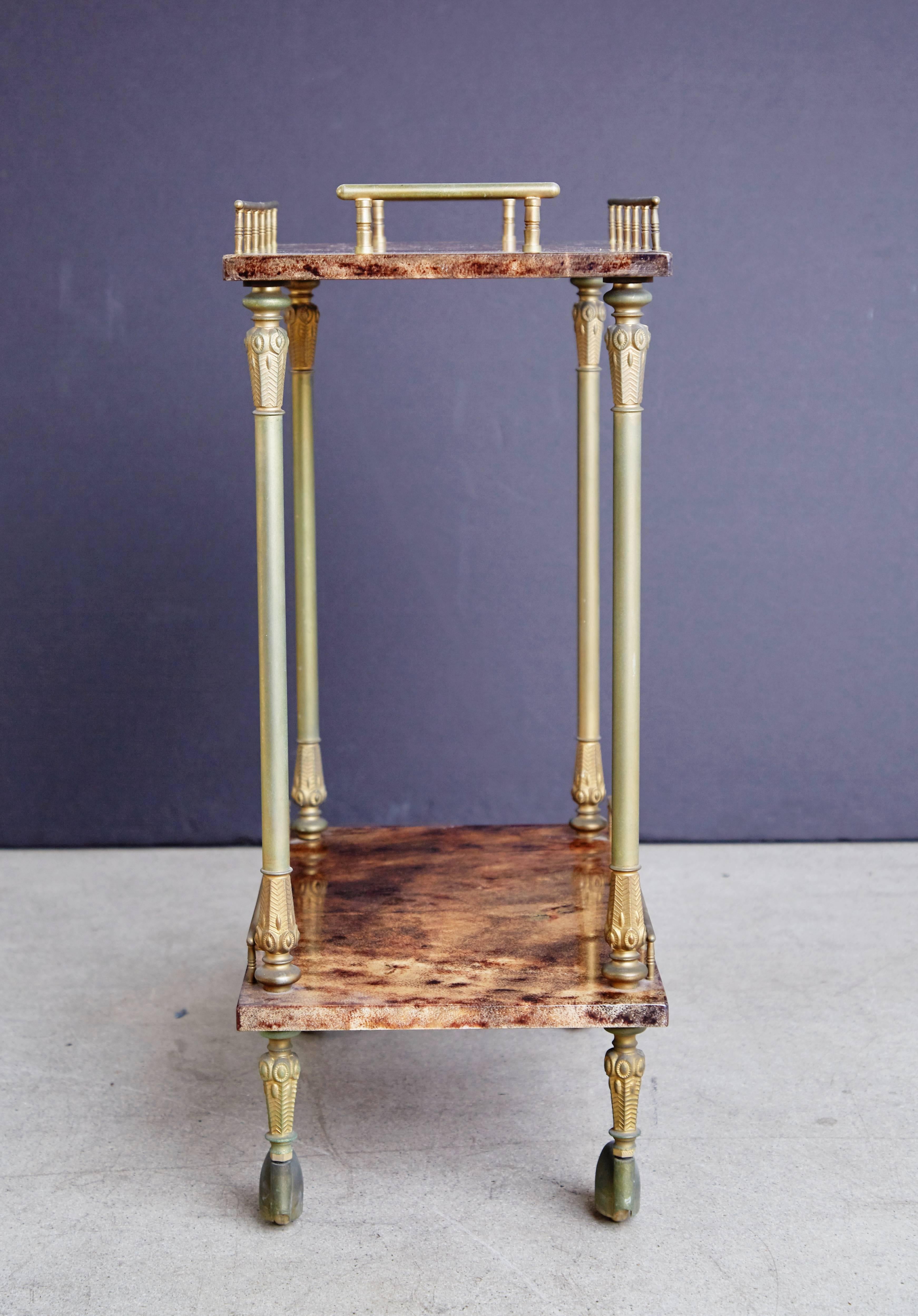 Mid-Century Modern Aldo Tura Petite Lacquered Goatskin and Brass Bar Cart