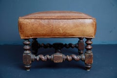 Spanish Baroque Tan Leather and Turned Wood Stool