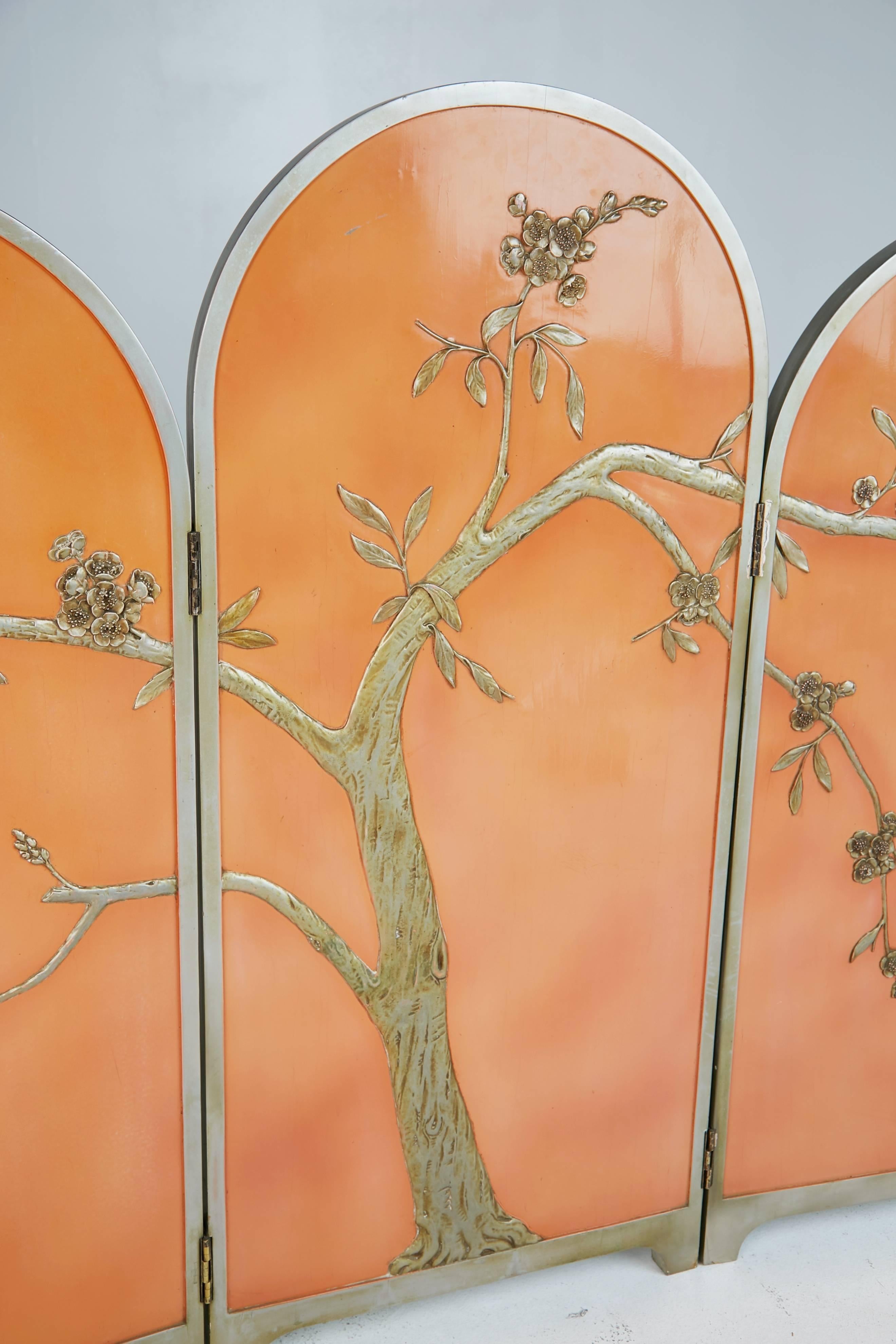 20th Century Peach Art Deco Carved Relief Floral Chinoiserie Folding Screen, circa 1920