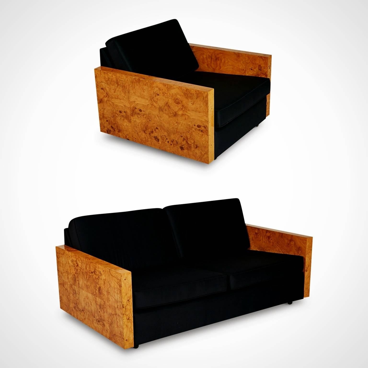 Mid-Century Modern Burl Wood Case Sofa and Lounge Chair by Milo Baughman, circa 1970