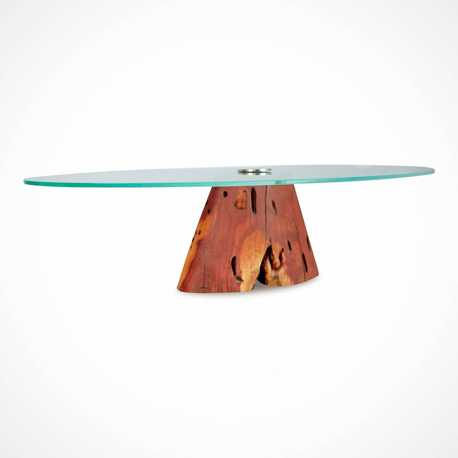 Brazilian Custom Salvaged Jatoba Wood and Glass Coffee Table by Tunico T, Brazil, Signed For Sale