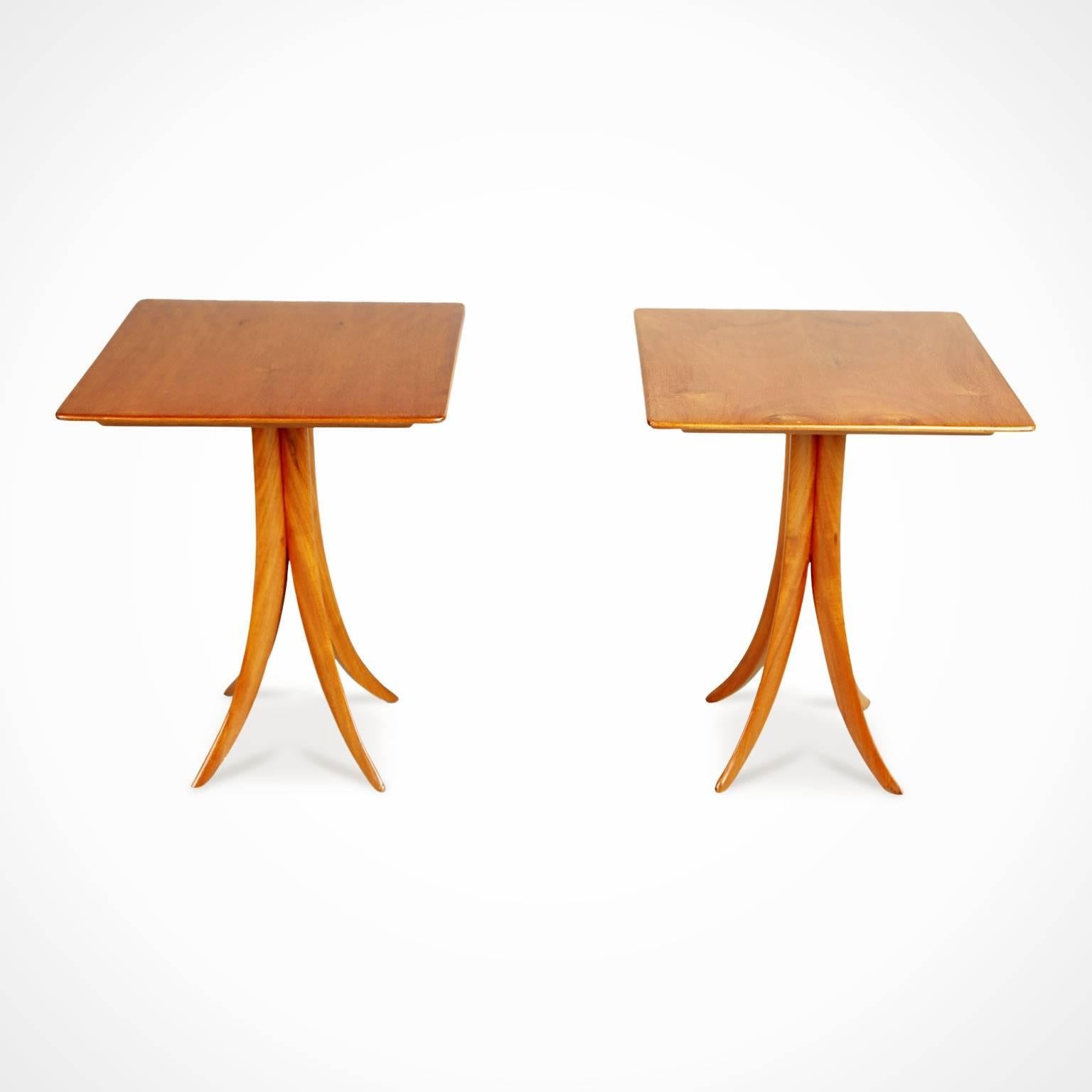 Newly imported from a private collector in Brazil, these sculptural side tables embody the use of curvaceous lines and soft shapes that Scapinelli was well known for. These newly imported pieces come from a private collector in Brazil and were once