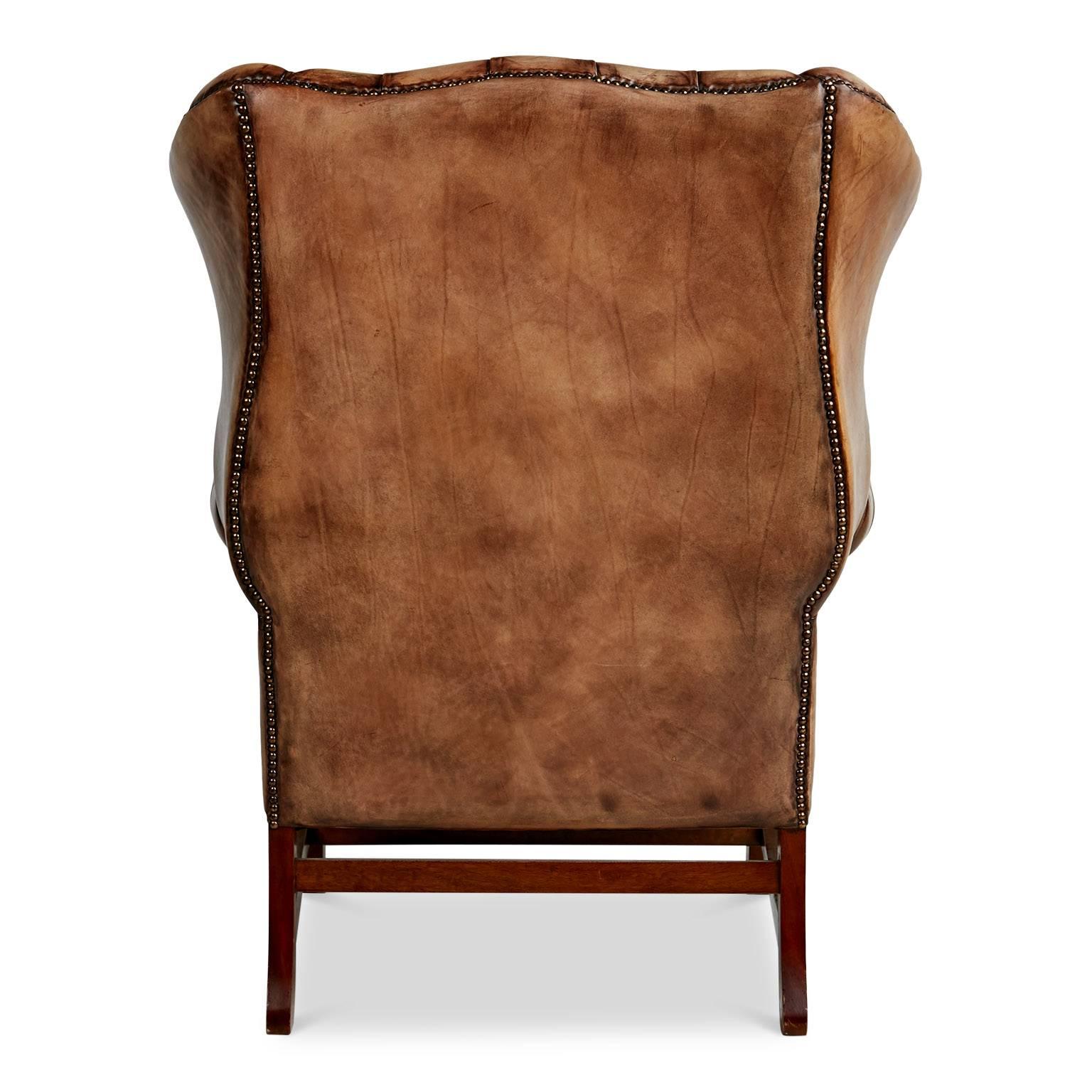 20th Century English Tufted Leather Wingback Library Lounge Armchair