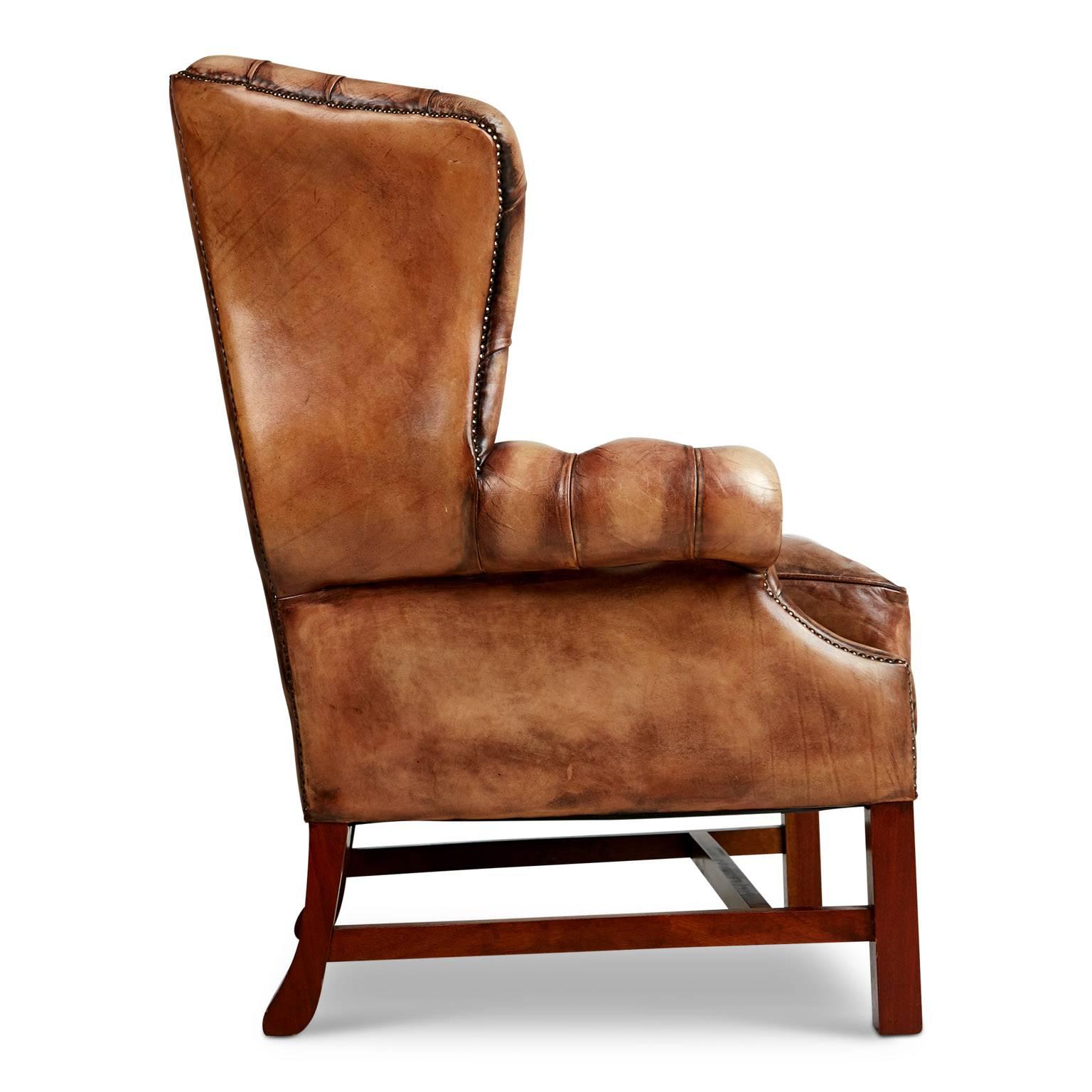 George III English Tufted Leather Wingback Library Lounge Armchair