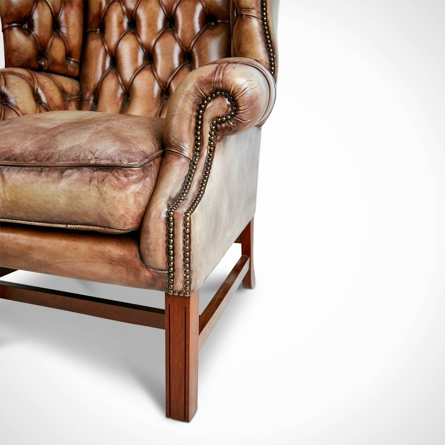 English Tufted Leather Wingback Library Lounge Armchair 1