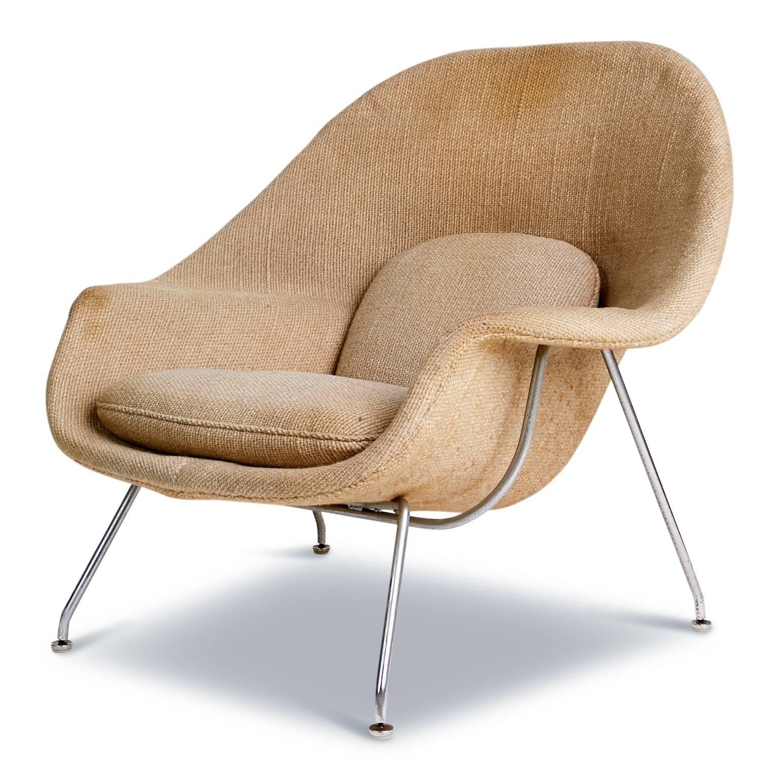 This rare first generation Model 70  Chair, more commonly known as the Womb Chair, by Eero Saarinen for Knoll Associates is signed by the affixed label with the early 36-30 Steinway St Long Island City 1, N.Y. address (see pics) which predates the