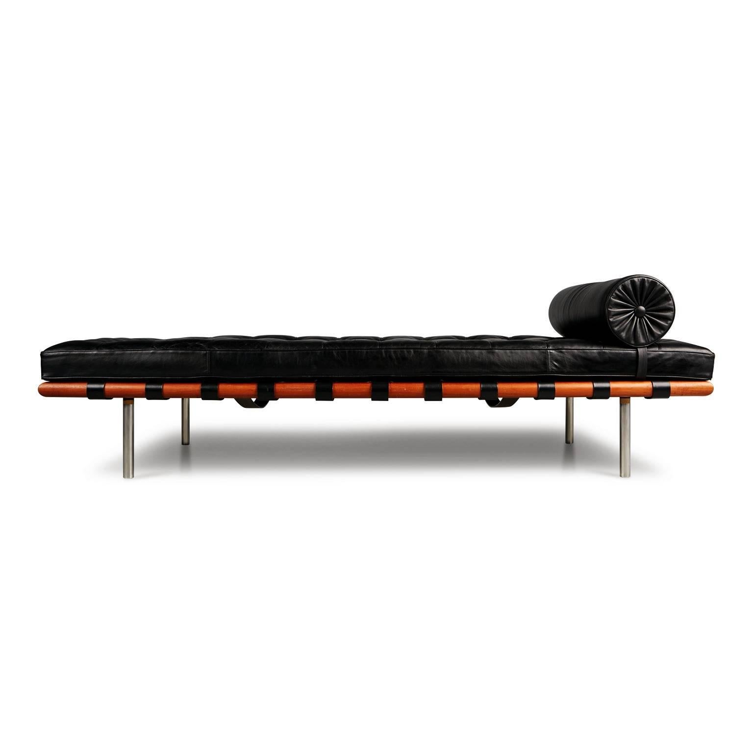 For the consummate collector who only wants the best of the best, this Classic and iconic original black leather Barcelona Daybed is labeled with the early 36-30 Steinway St address for Knoll Associates making this a 1st generation of the Knoll