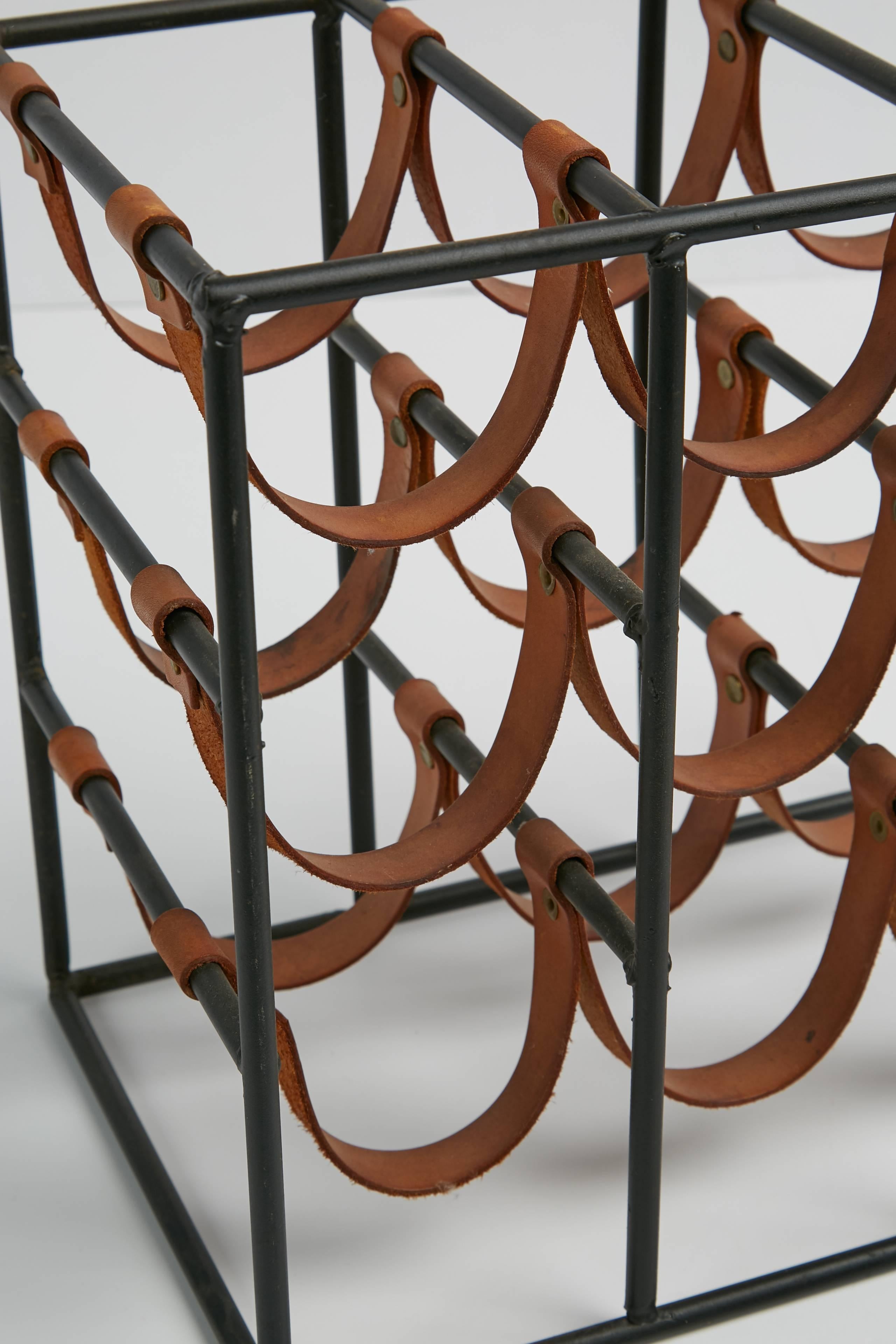 Nine Bottle Iron and Leather Wine Rack by Arthur Umanoff, circa 1960 In Good Condition In Los Angeles, CA