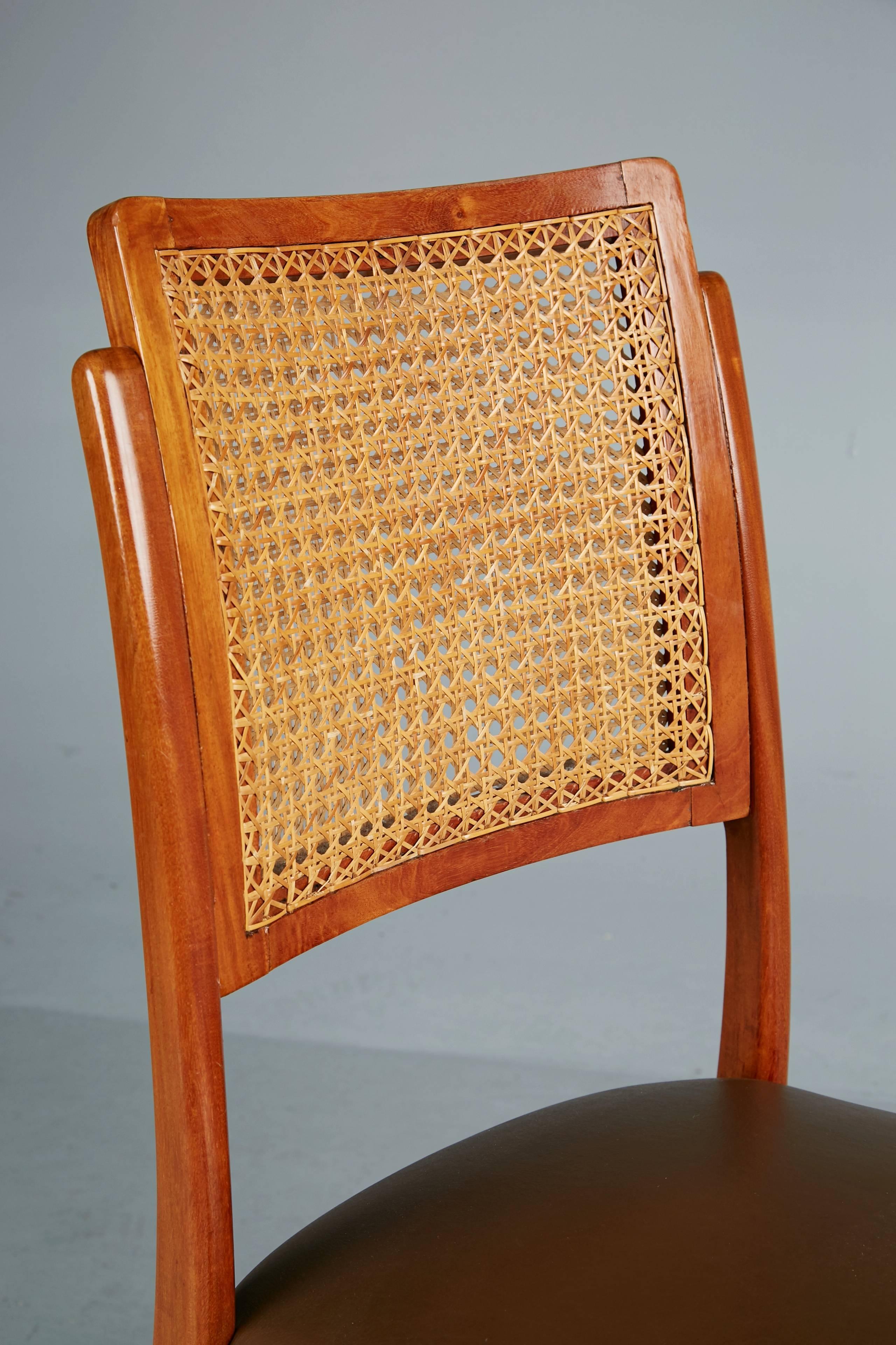 Faux Leather Giuseppe Scapinelli Caviuna and Wicker Dining Chairs, Eight, Brazil, circa 1950