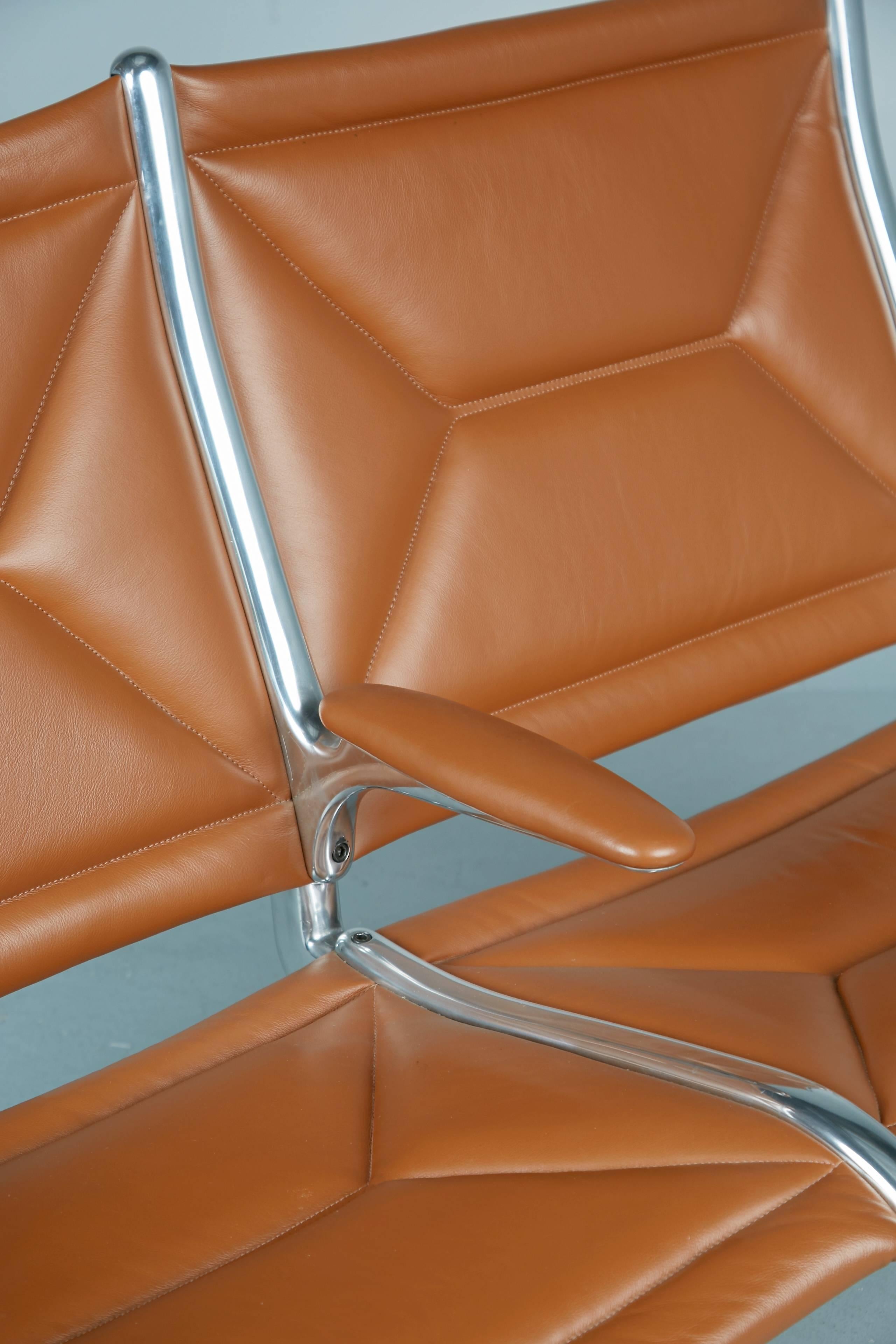 Aluminum Edelman Leather Two-Seat Tandem Sling by Charles Eames for Herman Miller