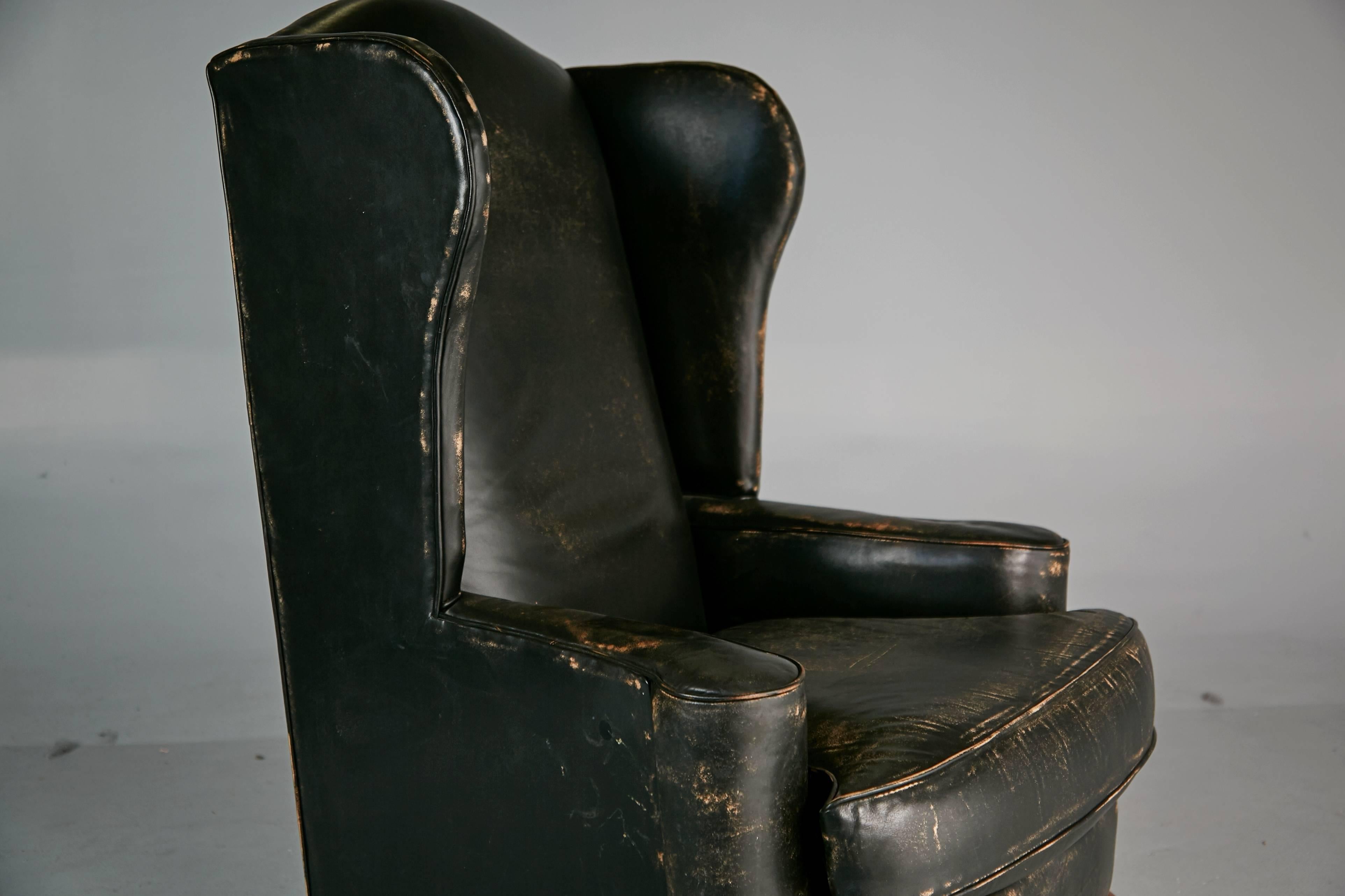Ralph Lauren Pair of Intentionally Distressed Leather Wingback Chairs & Ottoman In Excellent Condition In Los Angeles, CA