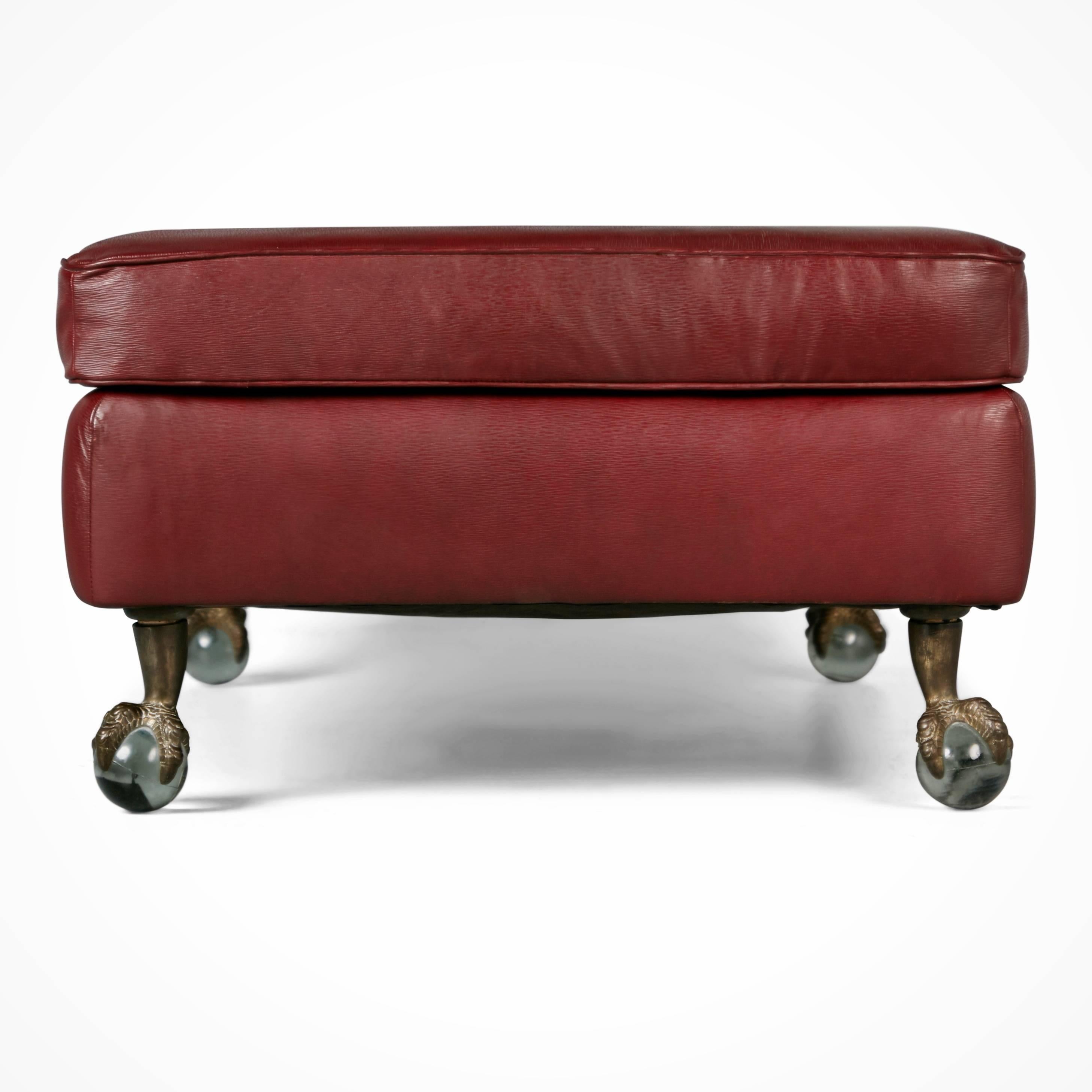 Mid-Century Modern Edelman Cabernet Epi Leather Ottoman with Glass Ball and Bronze Claw Feet