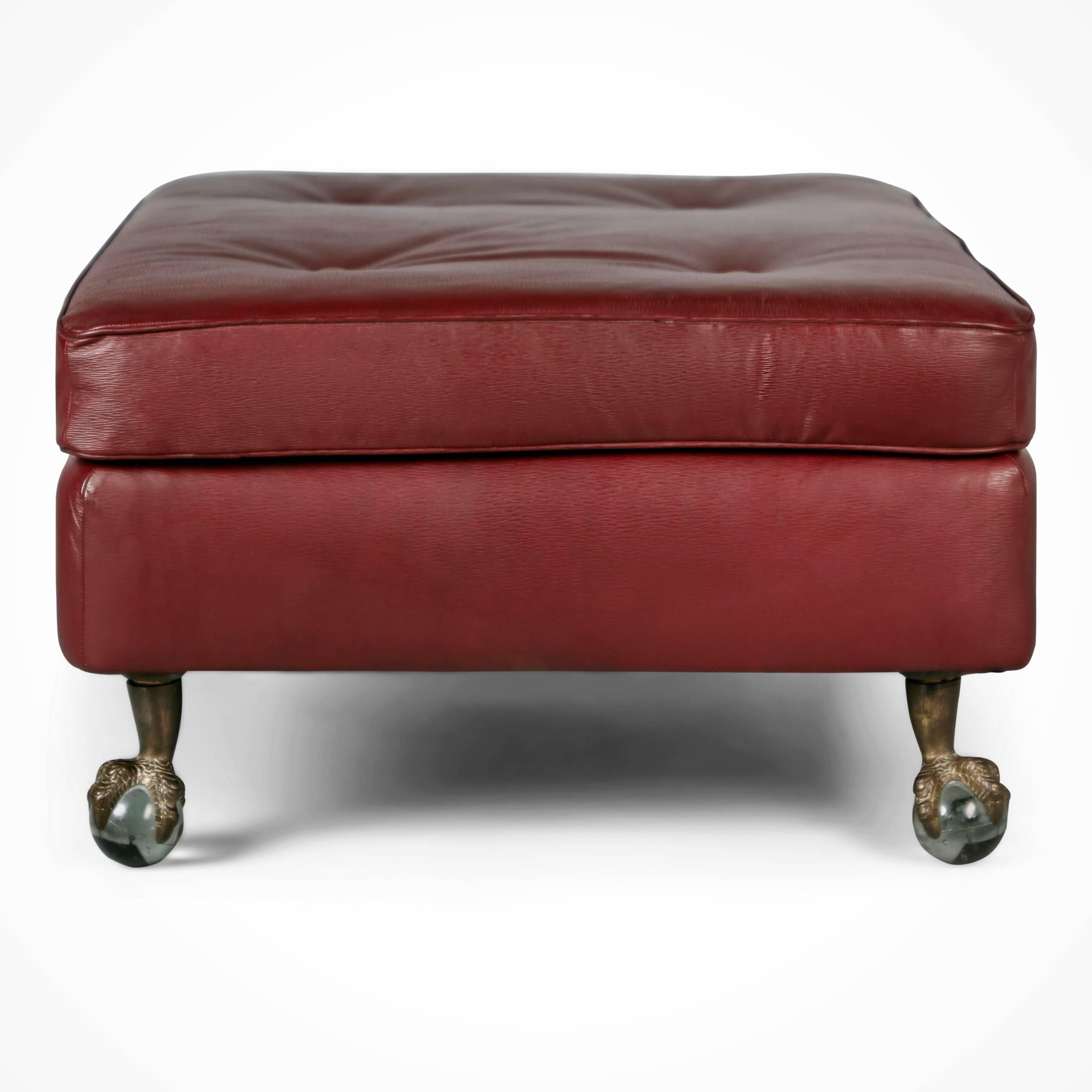 American Edelman Cabernet Epi Leather Ottoman with Glass Ball and Bronze Claw Feet