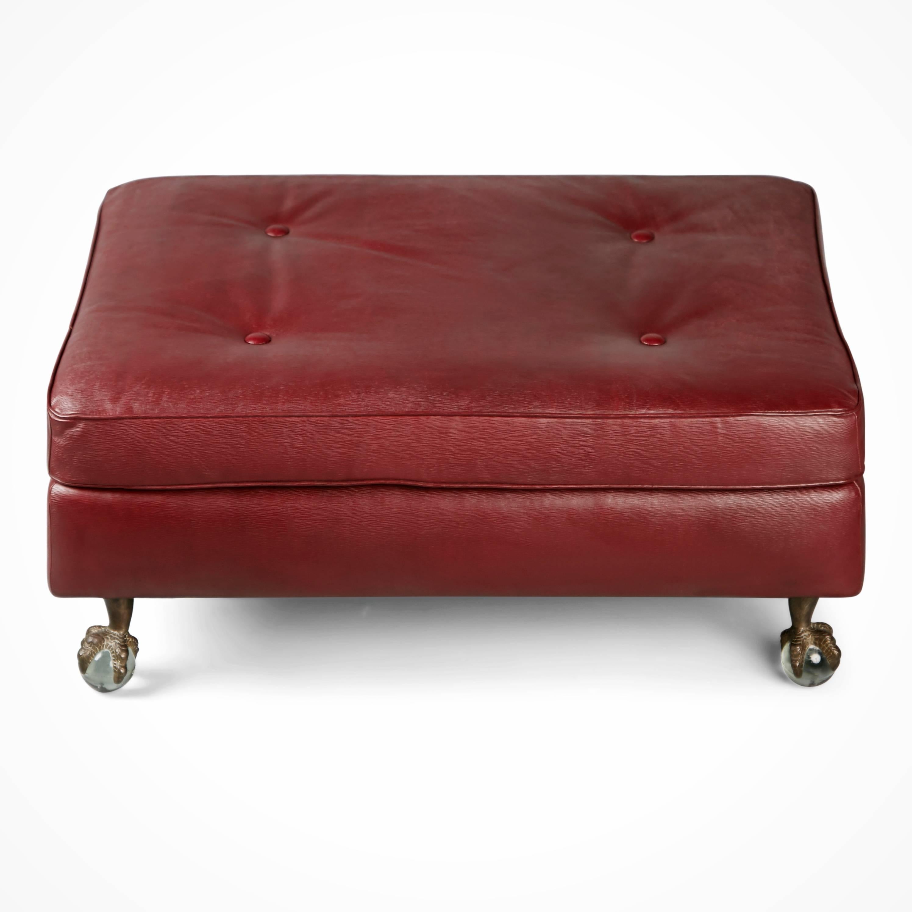 Mid-20th Century Edelman Cabernet Epi Leather Ottoman with Glass Ball and Bronze Claw Feet