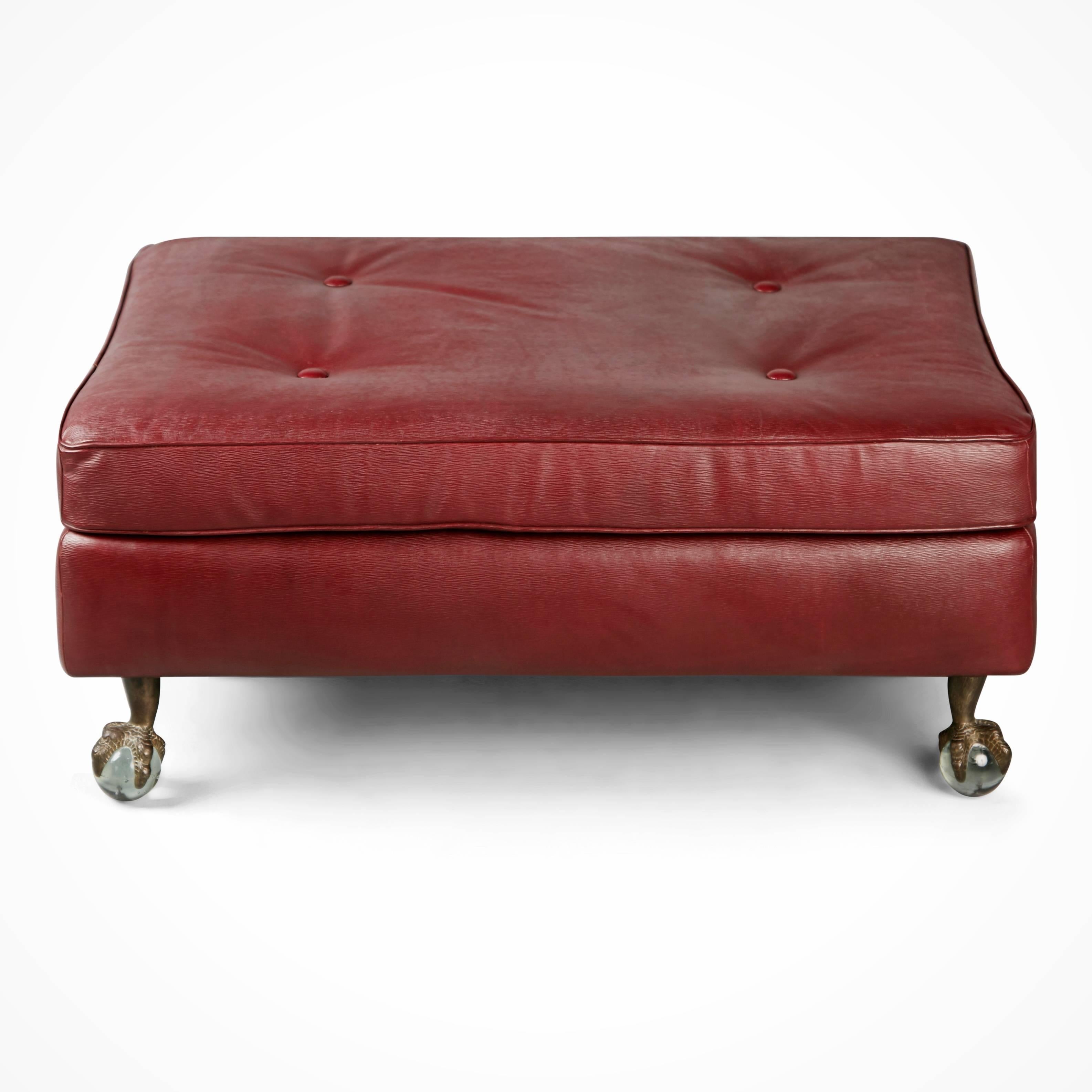 Edelman Cabernet Epi Leather Ottoman with Glass Ball and Bronze Claw Feet In Excellent Condition In Los Angeles, CA