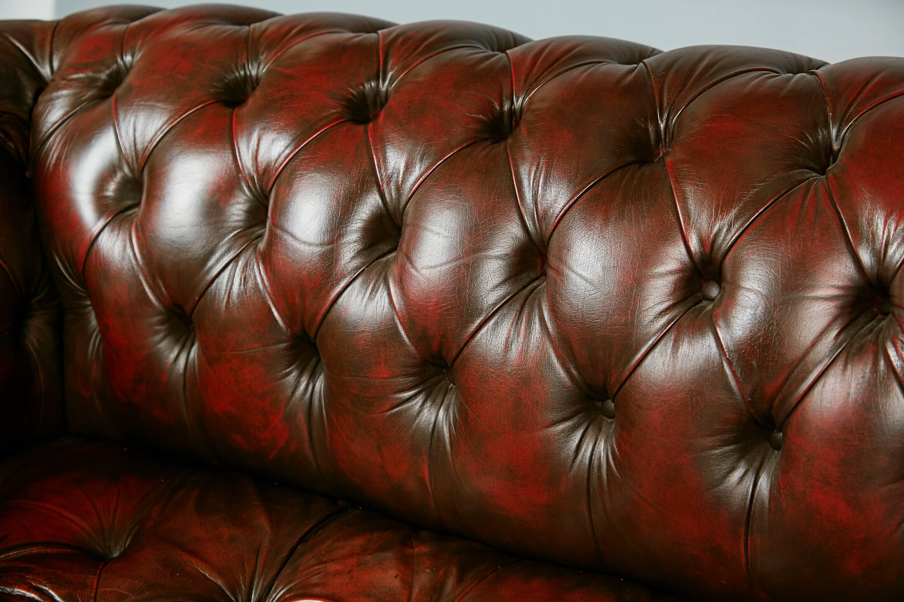 English Georgian Style Distressed Oxblood Leather Chesterfield Sofa, circa 1960 3
