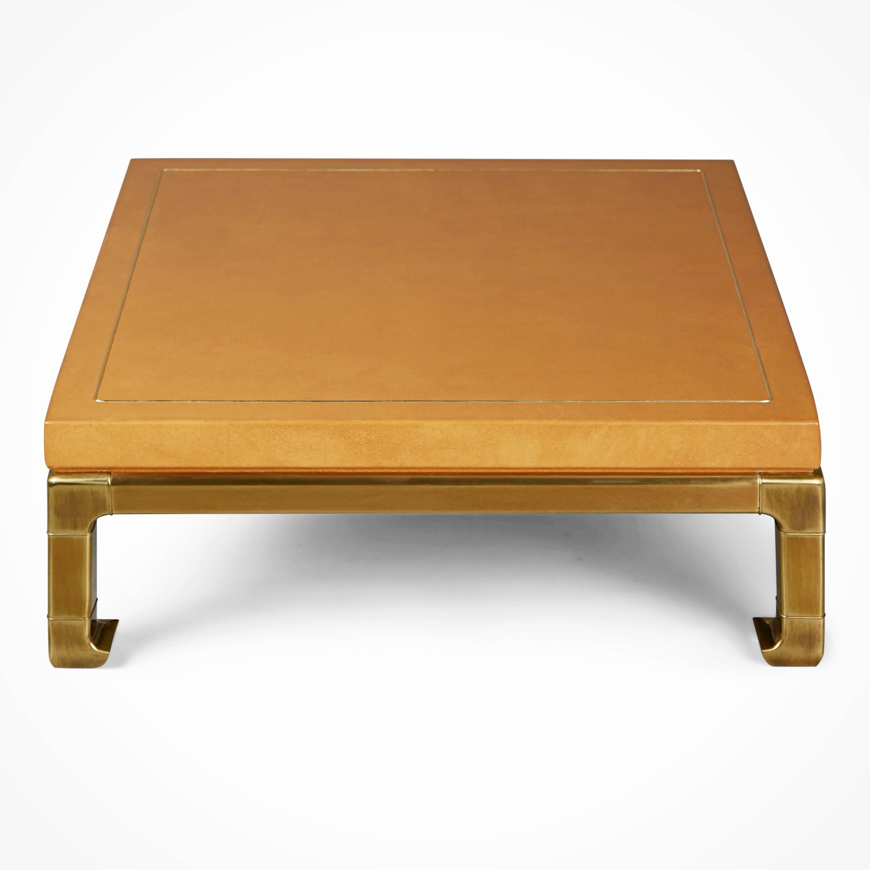 Late 20th Century Mastercraft Faux Ostrich Skin and Brass Coffee and Side Table Set, circa 1970