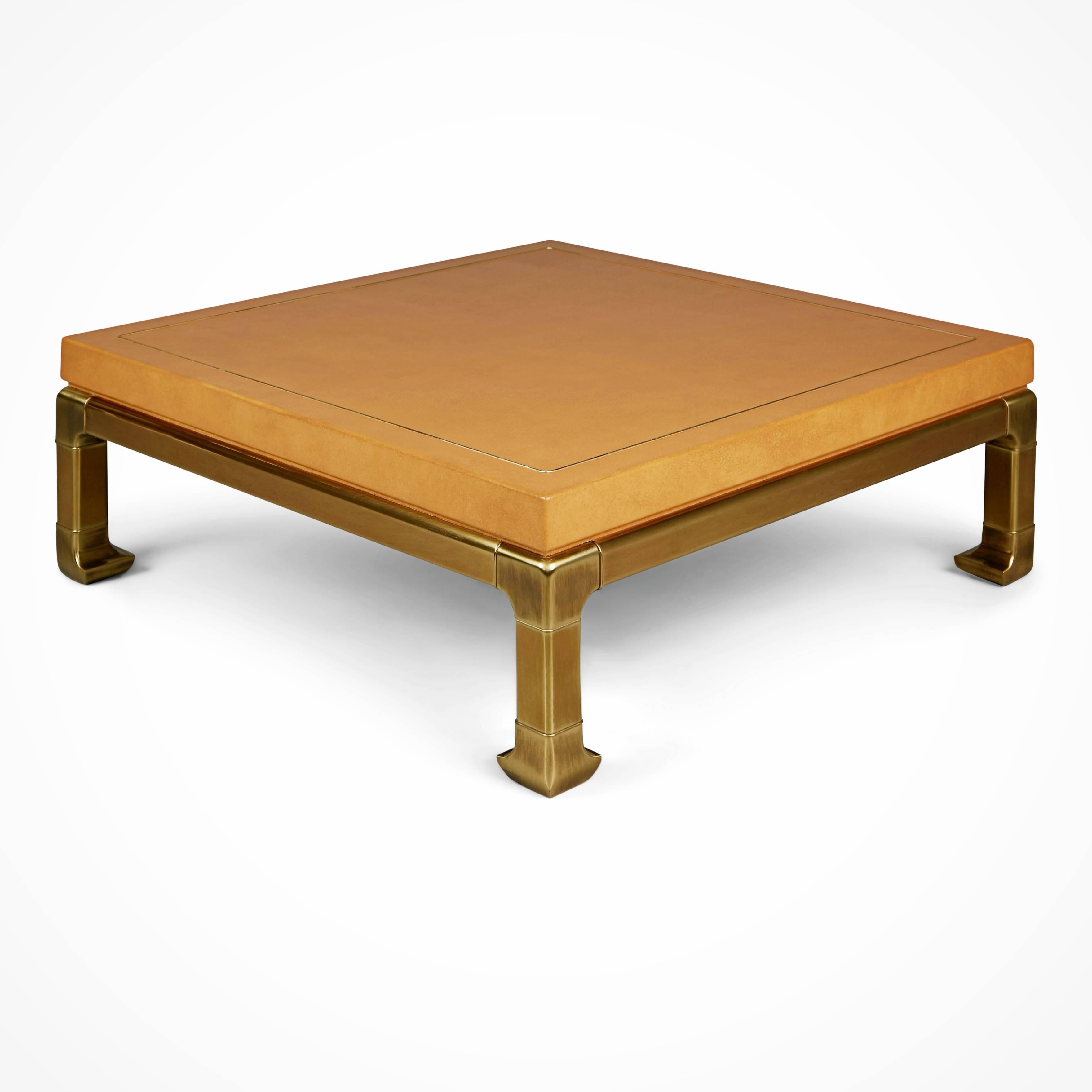 American Mastercraft Faux Ostrich Skin and Brass Coffee and Side Table Set, circa 1970