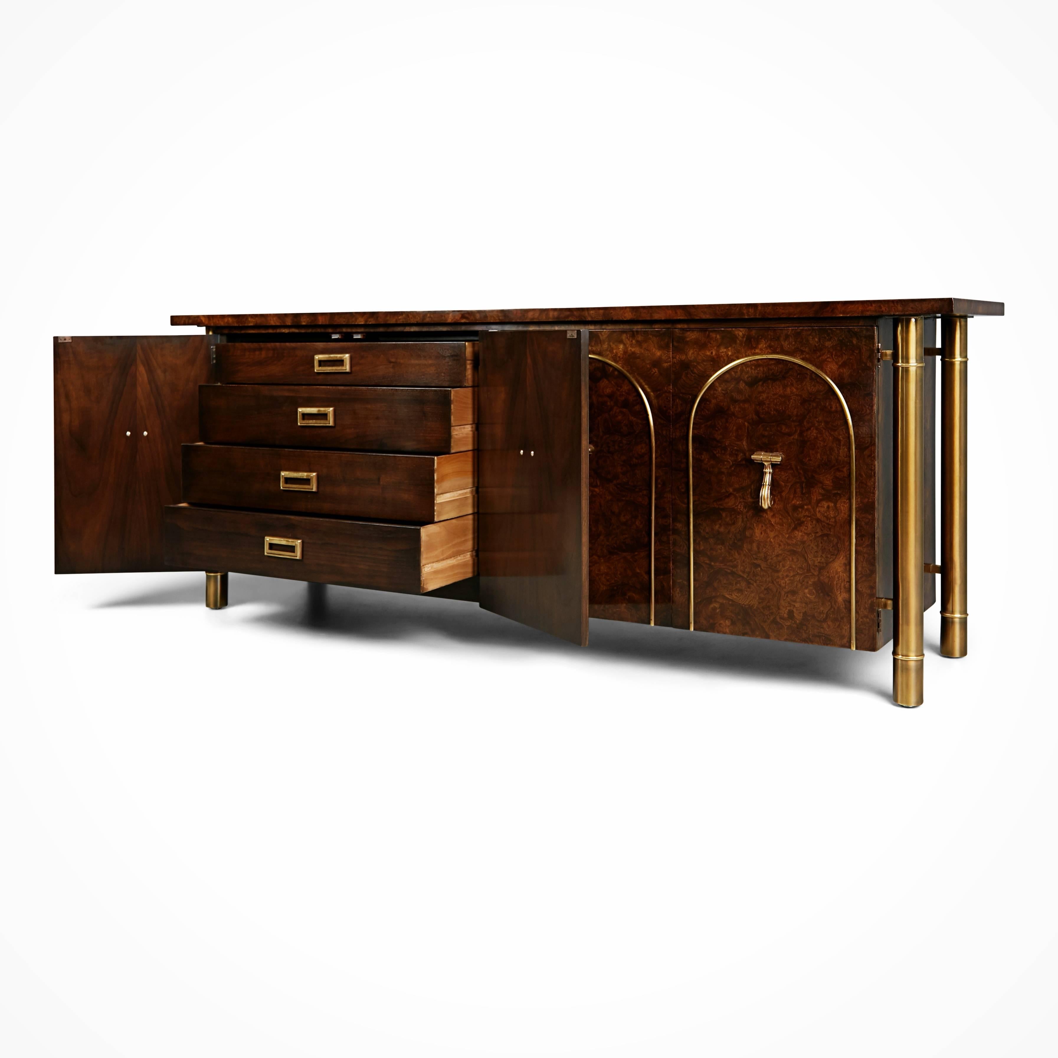American Mastercraft Burled Wood and Brass Credenza by William Doezema, circa 1960