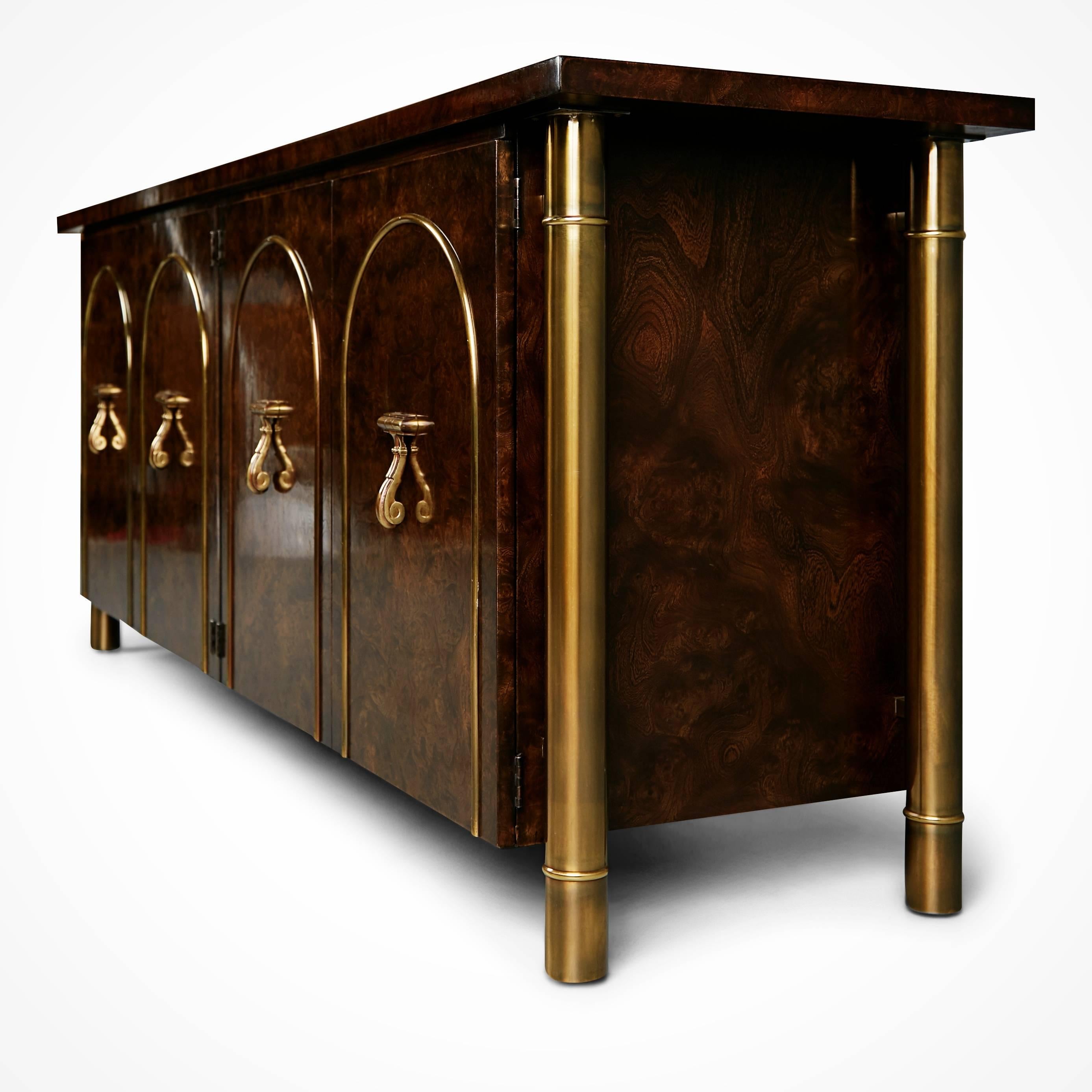 Mid-20th Century Mastercraft Burled Wood and Brass Credenza by William Doezema, circa 1960