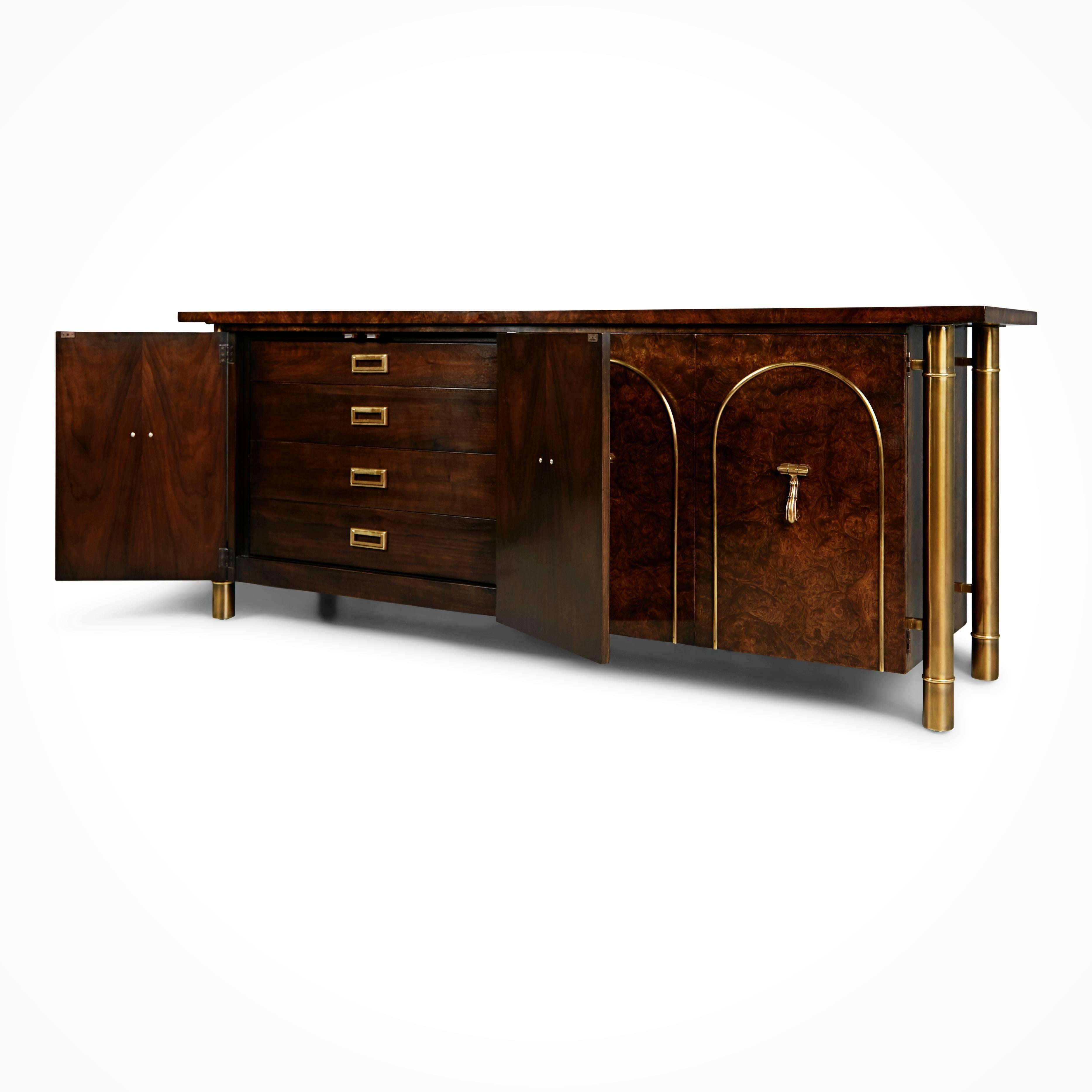 Mid-Century Modern Mastercraft Burled Wood and Brass Credenza by William Doezema, circa 1960