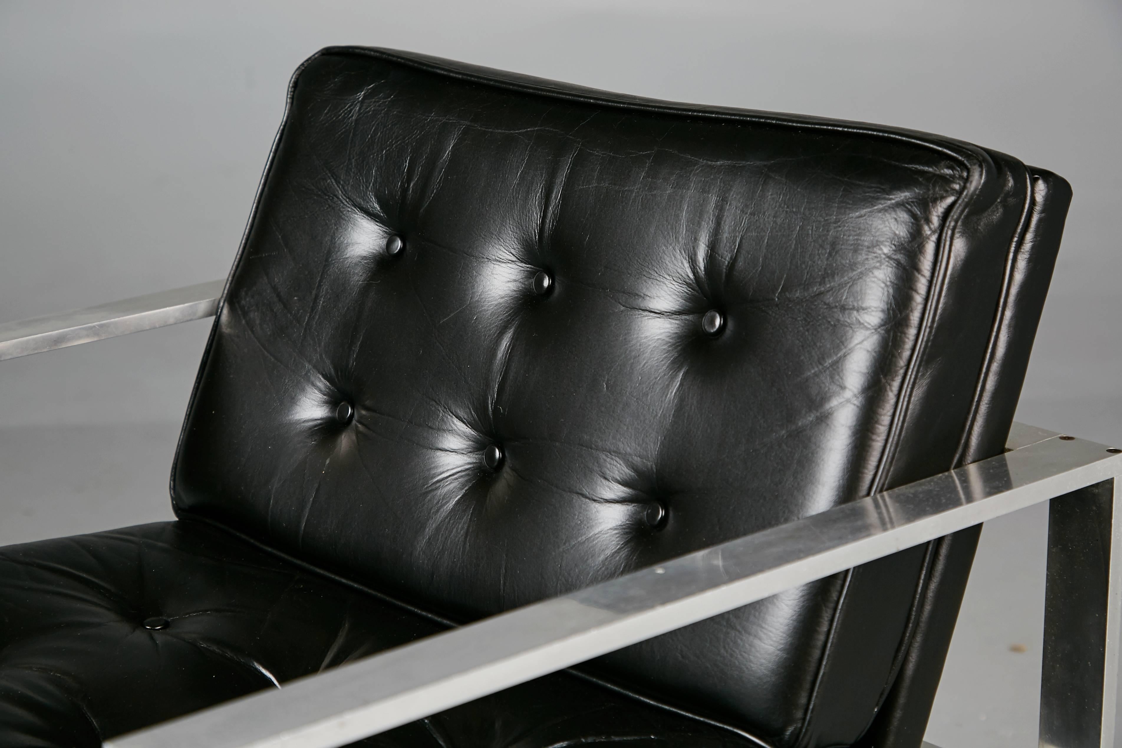 Harvey Probber Aluminum and Black Tufted Leather Armchairs, 1960s 1