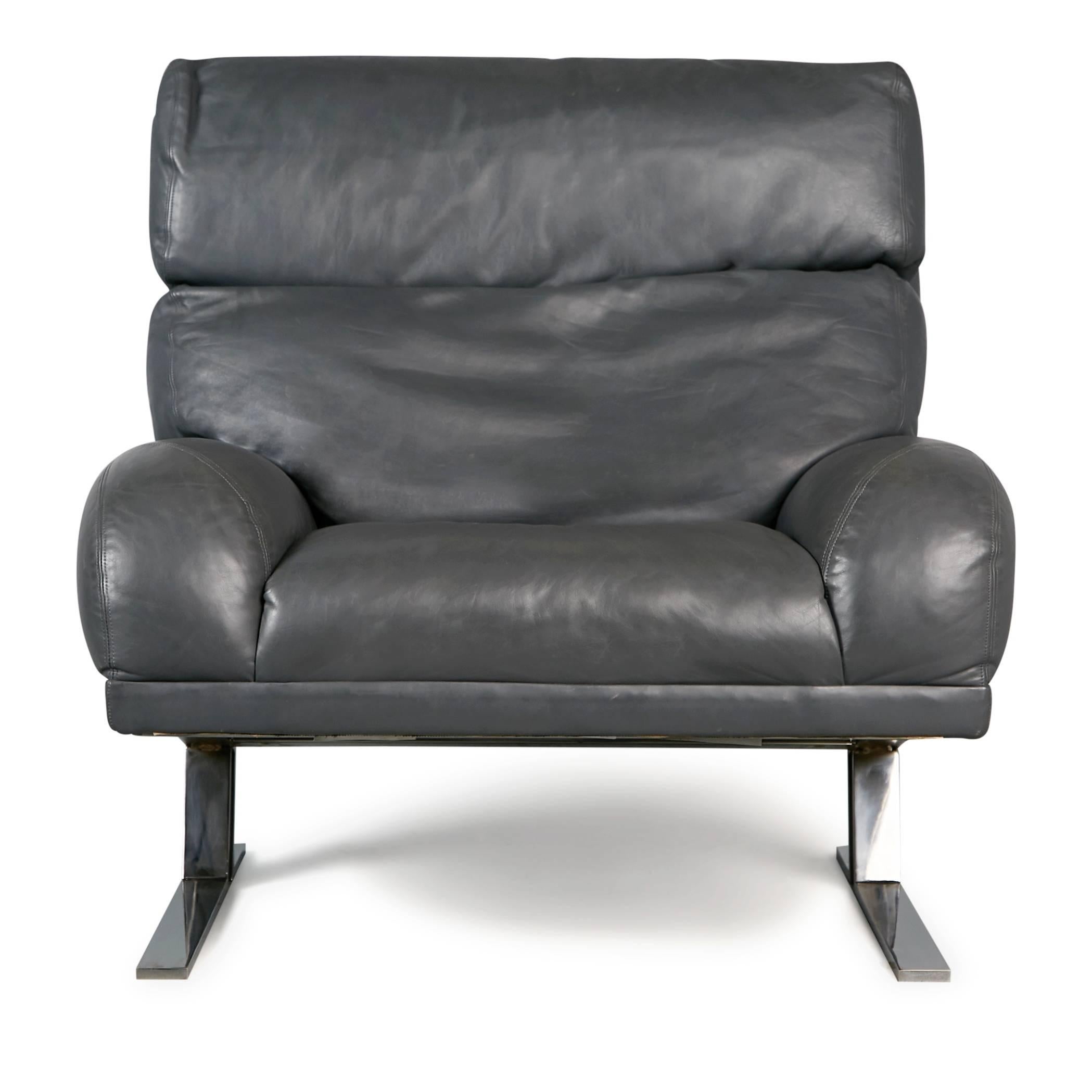 Mid-Century Modern Milo Baughman Grey Leather Lounge Chair and Ottoman for Directional, circa 1970