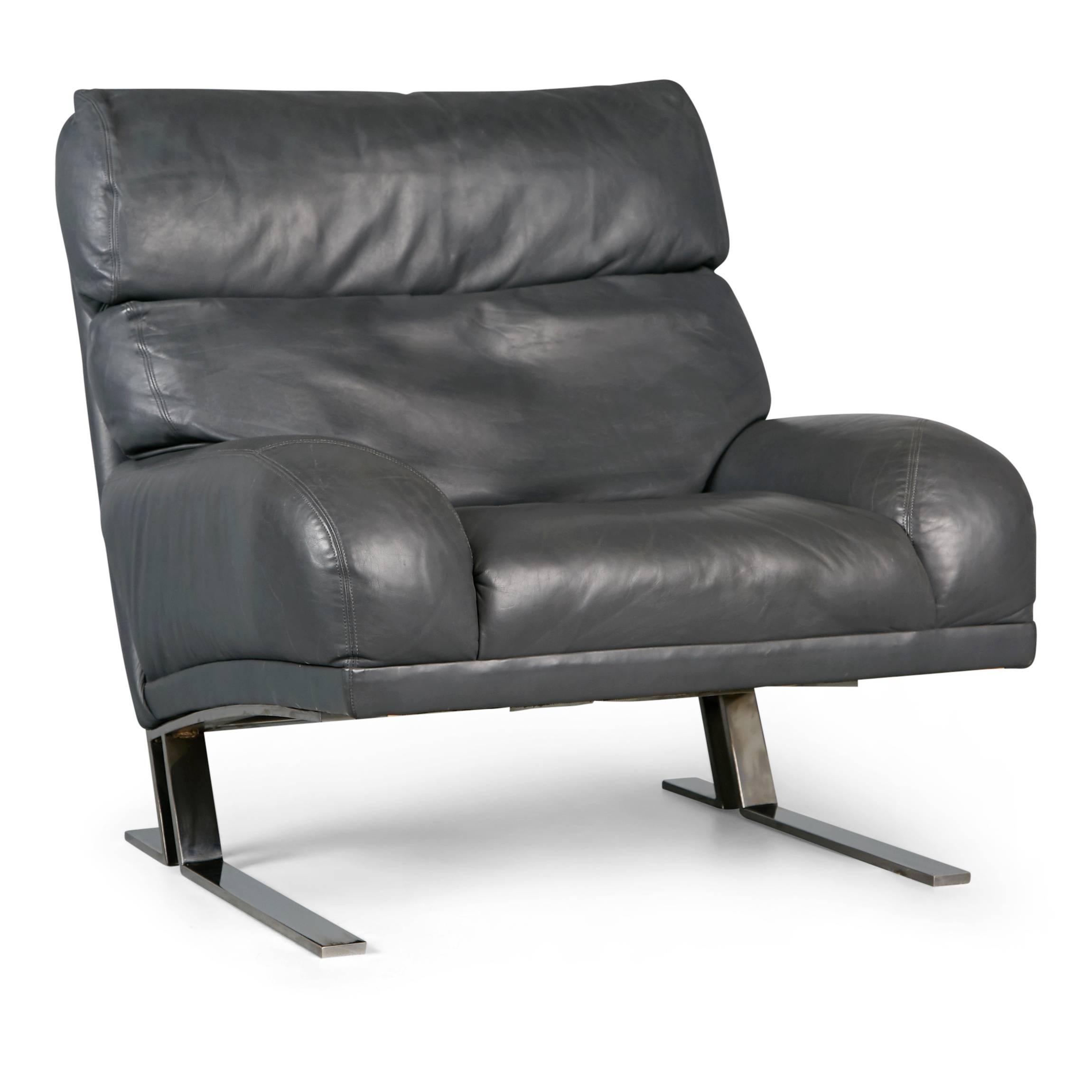 American Milo Baughman Grey Leather Lounge Chair and Ottoman for Directional, circa 1970