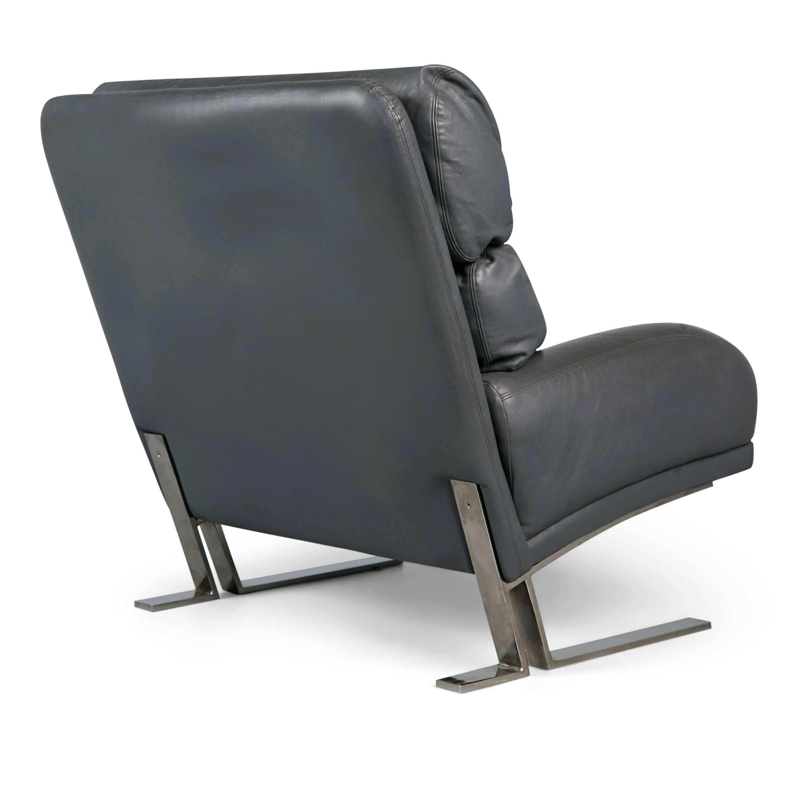 Late 20th Century Milo Baughman Grey Leather Lounge Chair and Ottoman for Directional, circa 1970