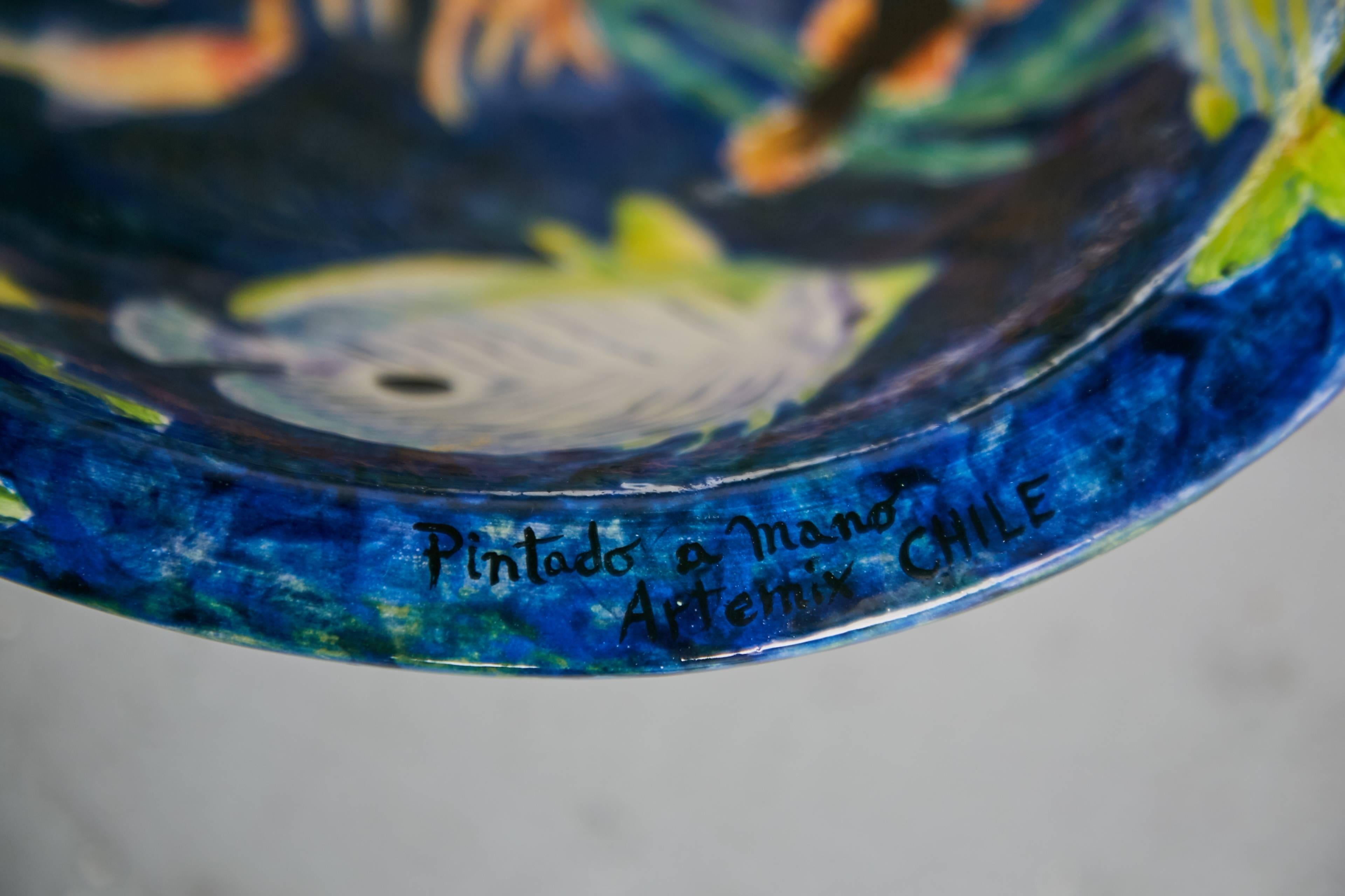 Chilean Hand-Painted Aquatic Porcelain Sink, Chile 20th Century