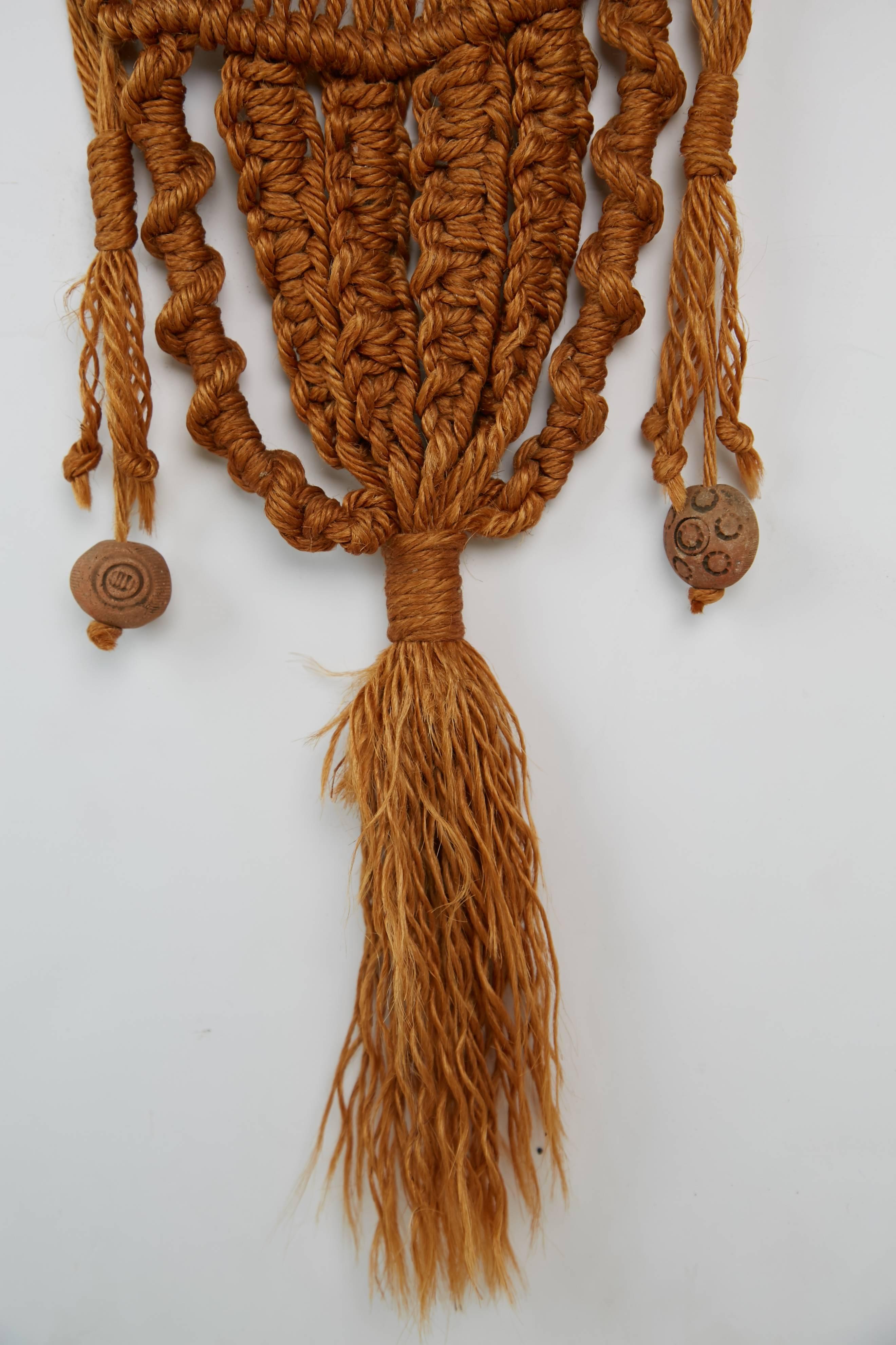 Macrame Wall Hanging with Clay and Azure Beads, circa 1970 In Good Condition In Los Angeles, CA