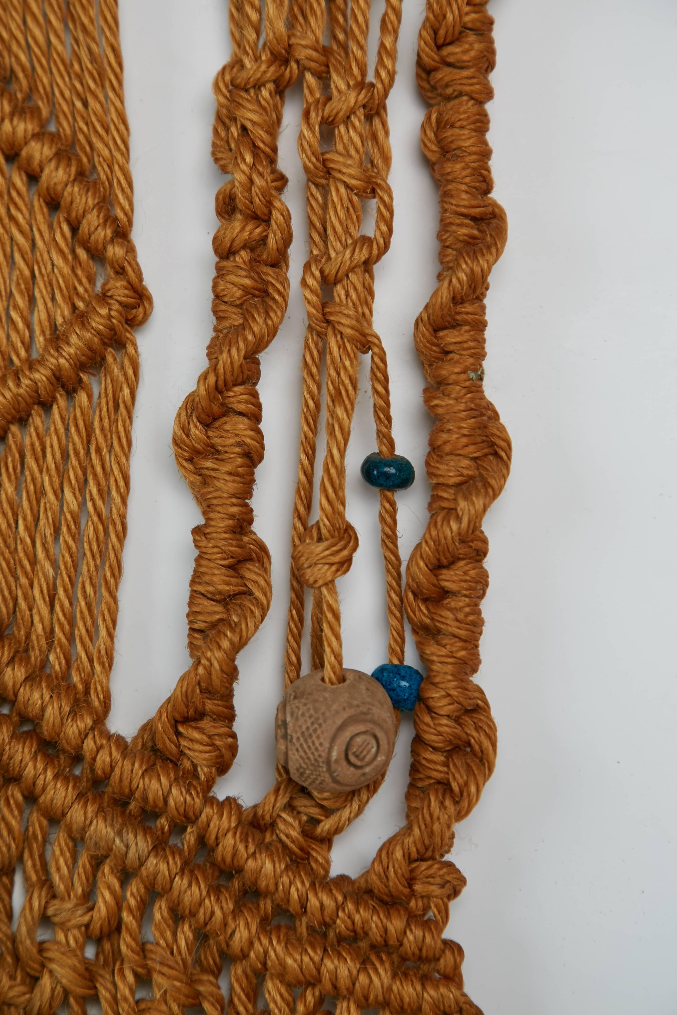 Macrame Wall Hanging with Clay and Azure Beads, circa 1970 2