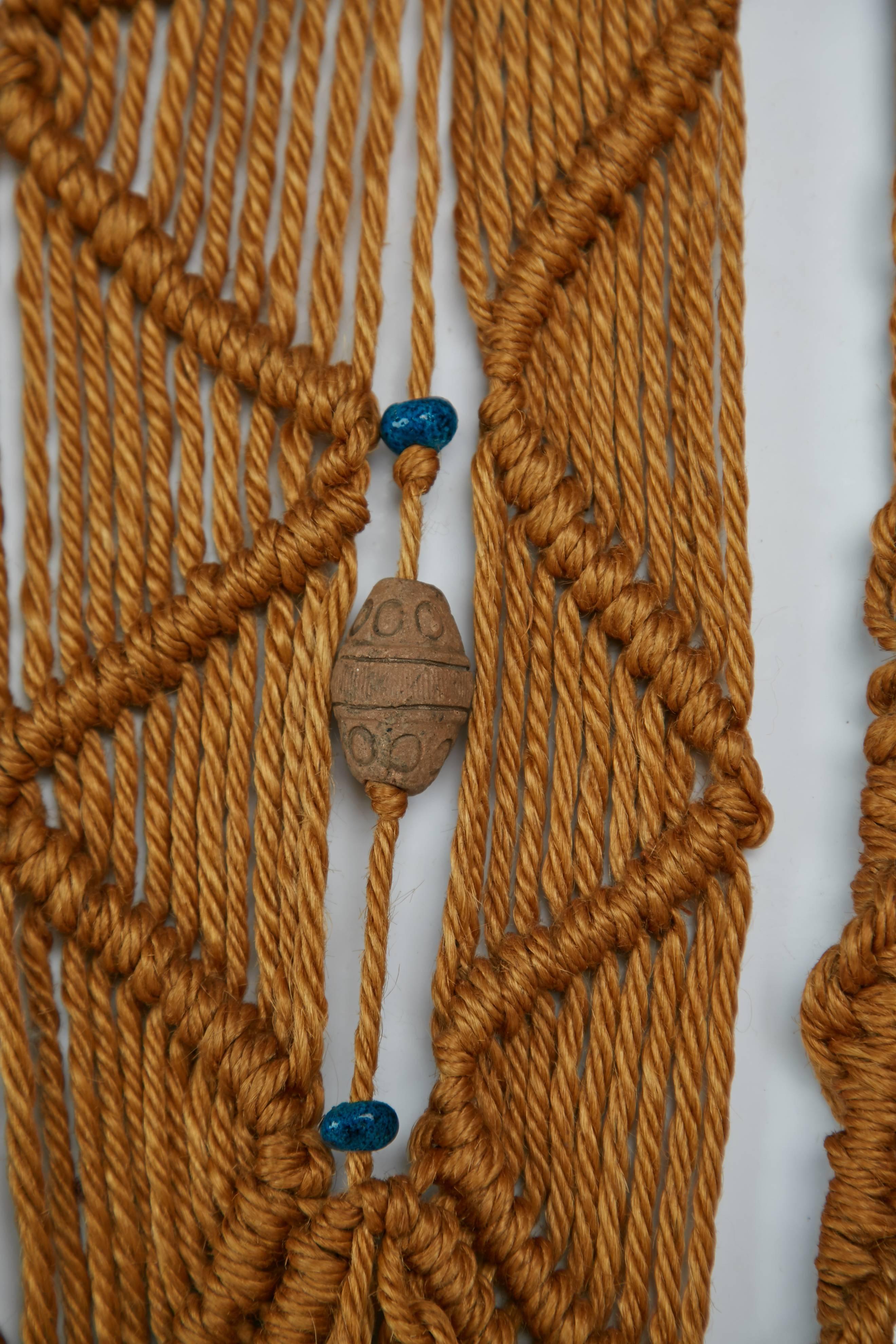 Macrame Wall Hanging with Clay and Azure Beads, circa 1970 1