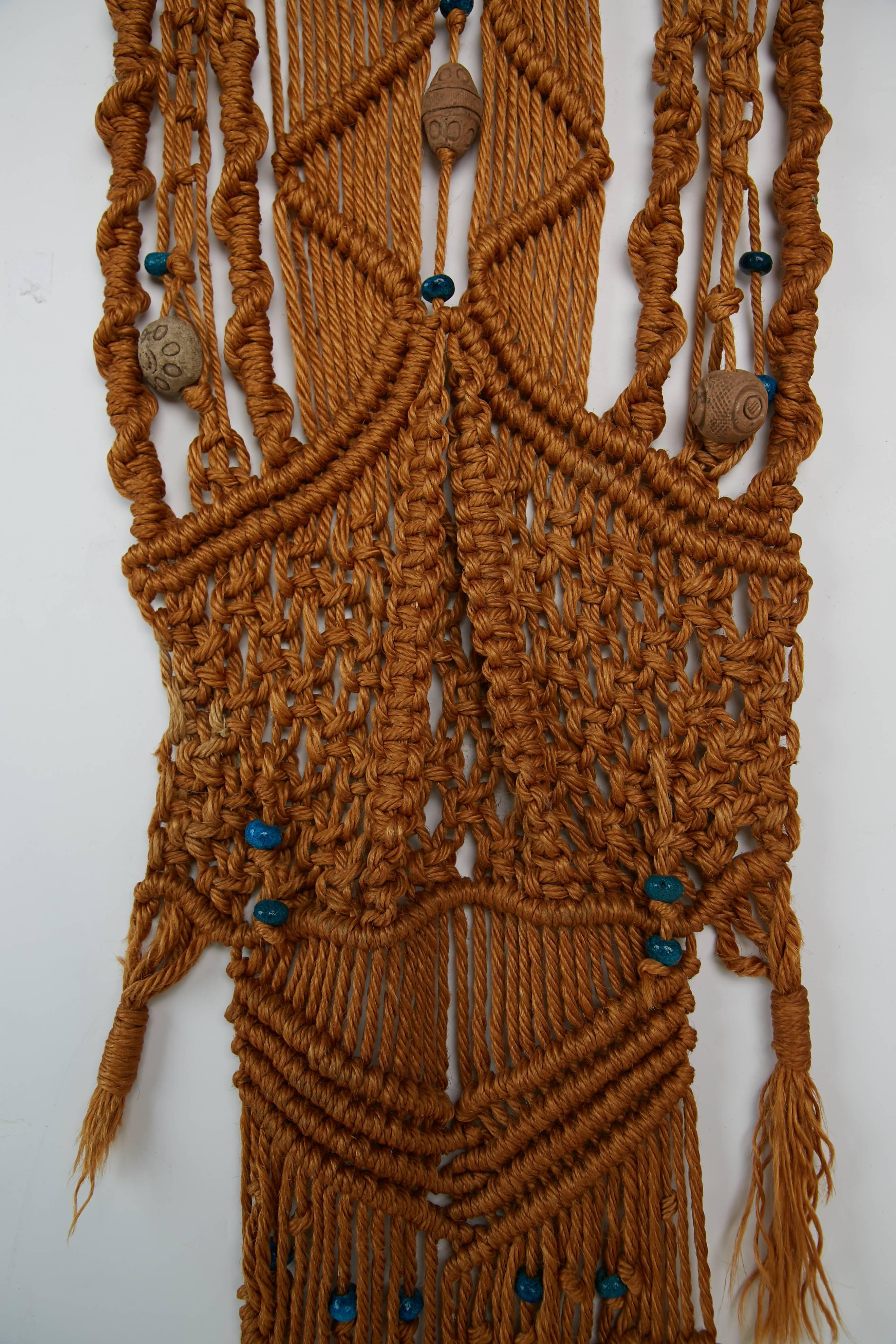 Bohemian Macrame Wall Hanging with Clay and Azure Beads, circa 1970