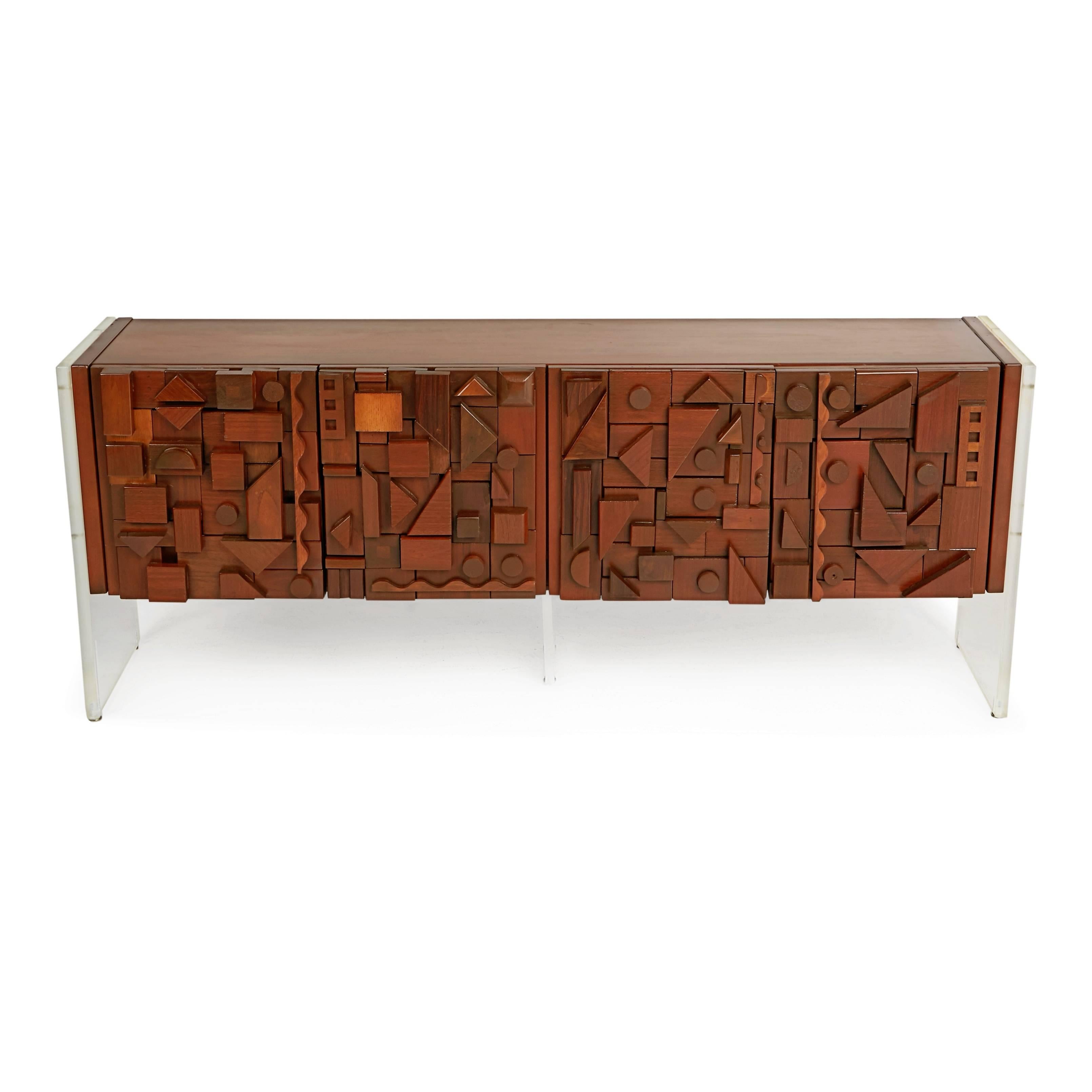 Handcrafted and upcycled Brutalist style credenza designed and fabricated by Los Angeles based artisan Lou Ramirez. Ramirez's work is illustrative of the original designs of the Brutalist era, inspired by Mabel Hutchinson and Evelyn & Jerome