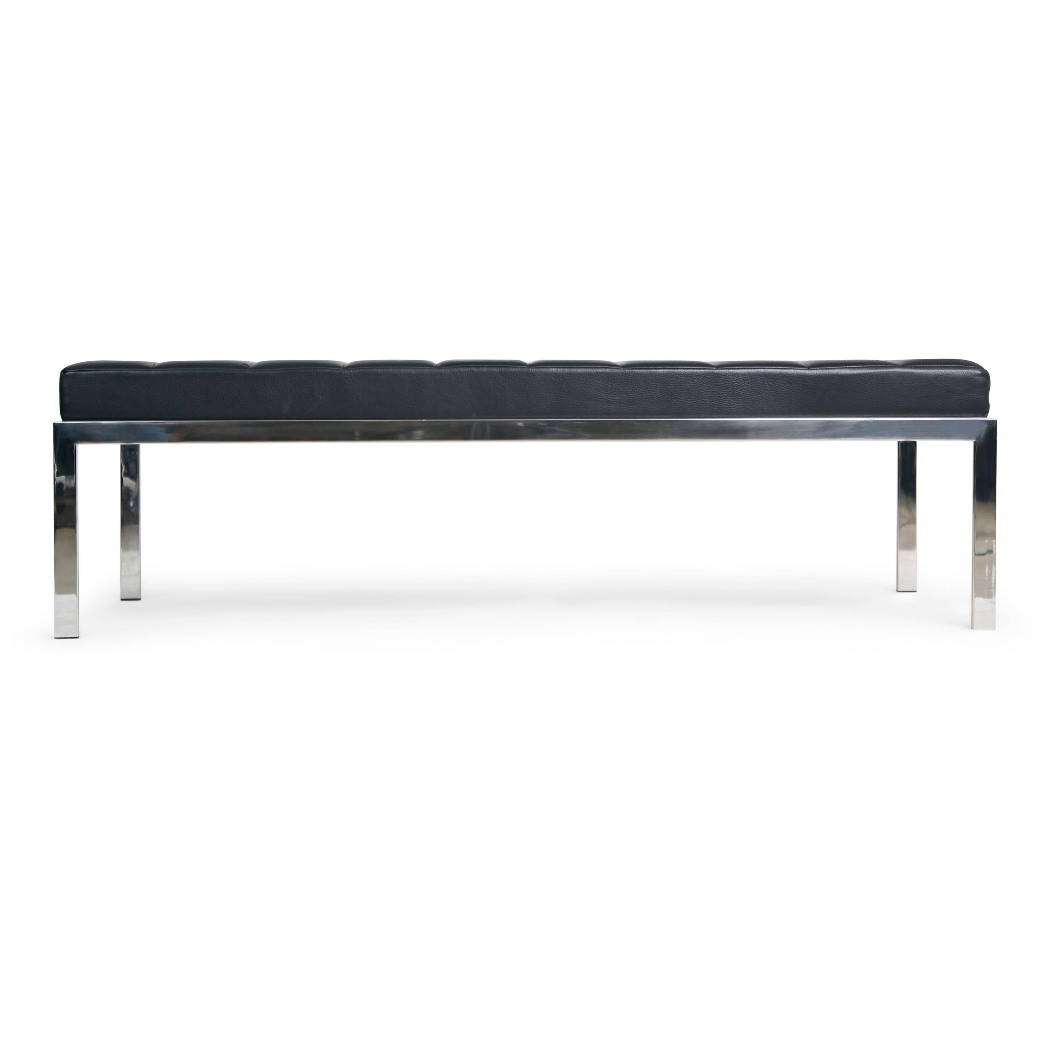 American Modern Black Leather and Chromed Steel Bench from Tribune Towers, circa 1990